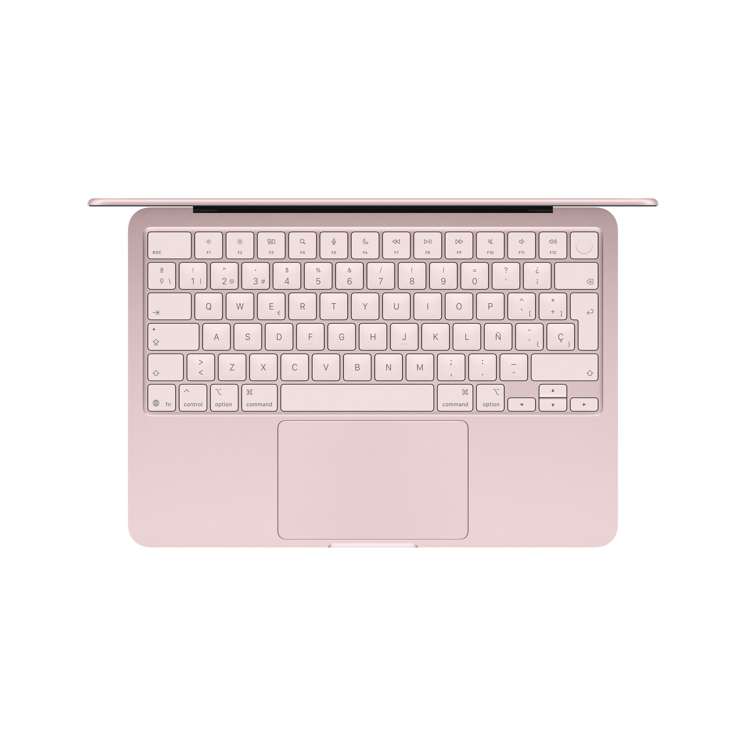 Un portátil rosa, visto desde arriba, con el teclado y el trackpad abiertos.