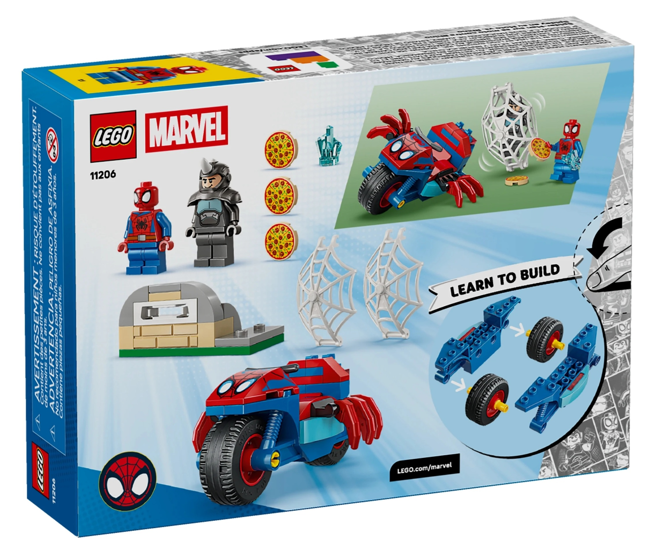 Zestaw LEGO Marvel Spiderman z figurkami, motocyklem i akcesoriami.