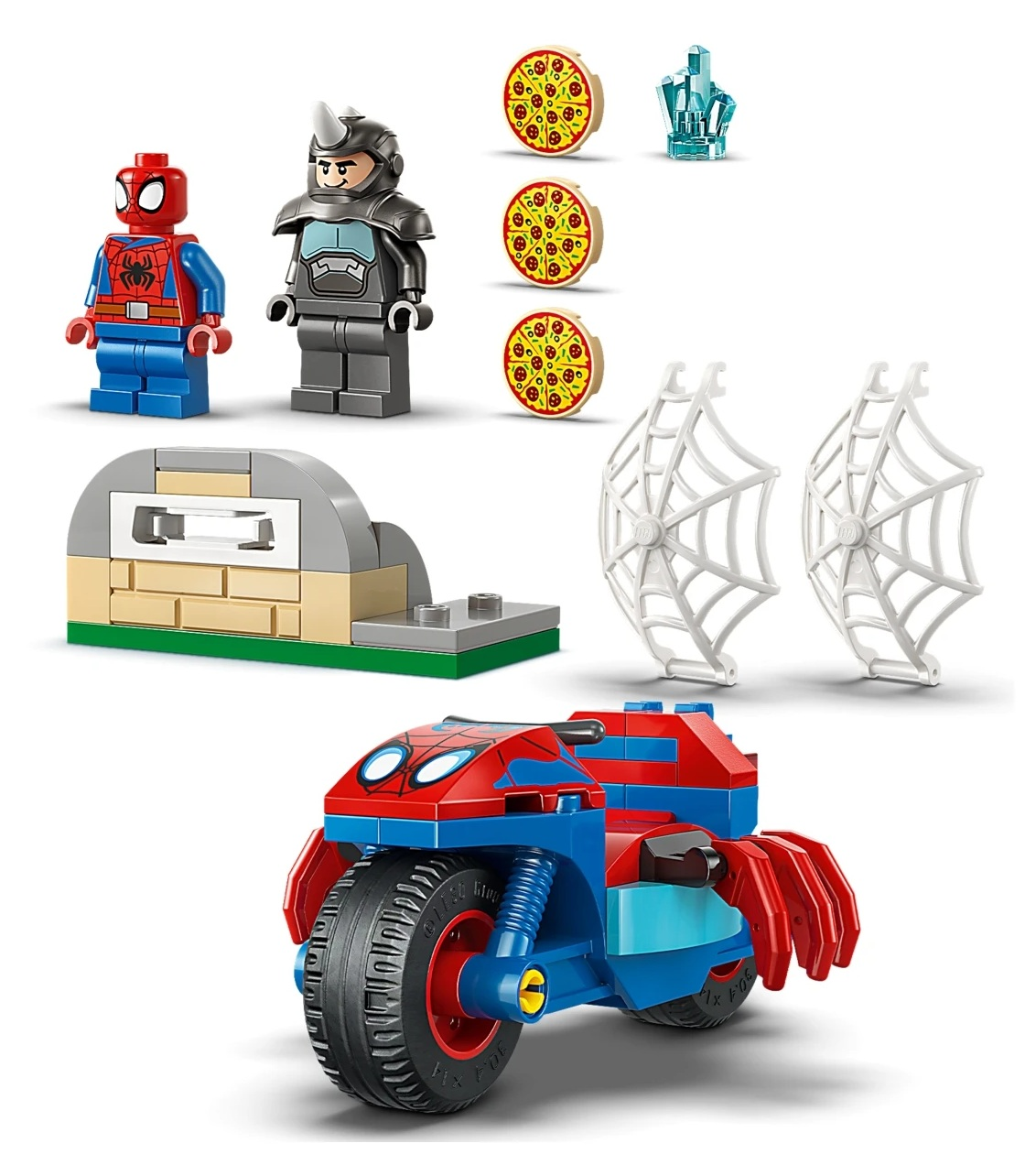 Lego Spider-Man, Nosorożec, motocykl pająka, pizza, kryształy i budowle z cegieł.