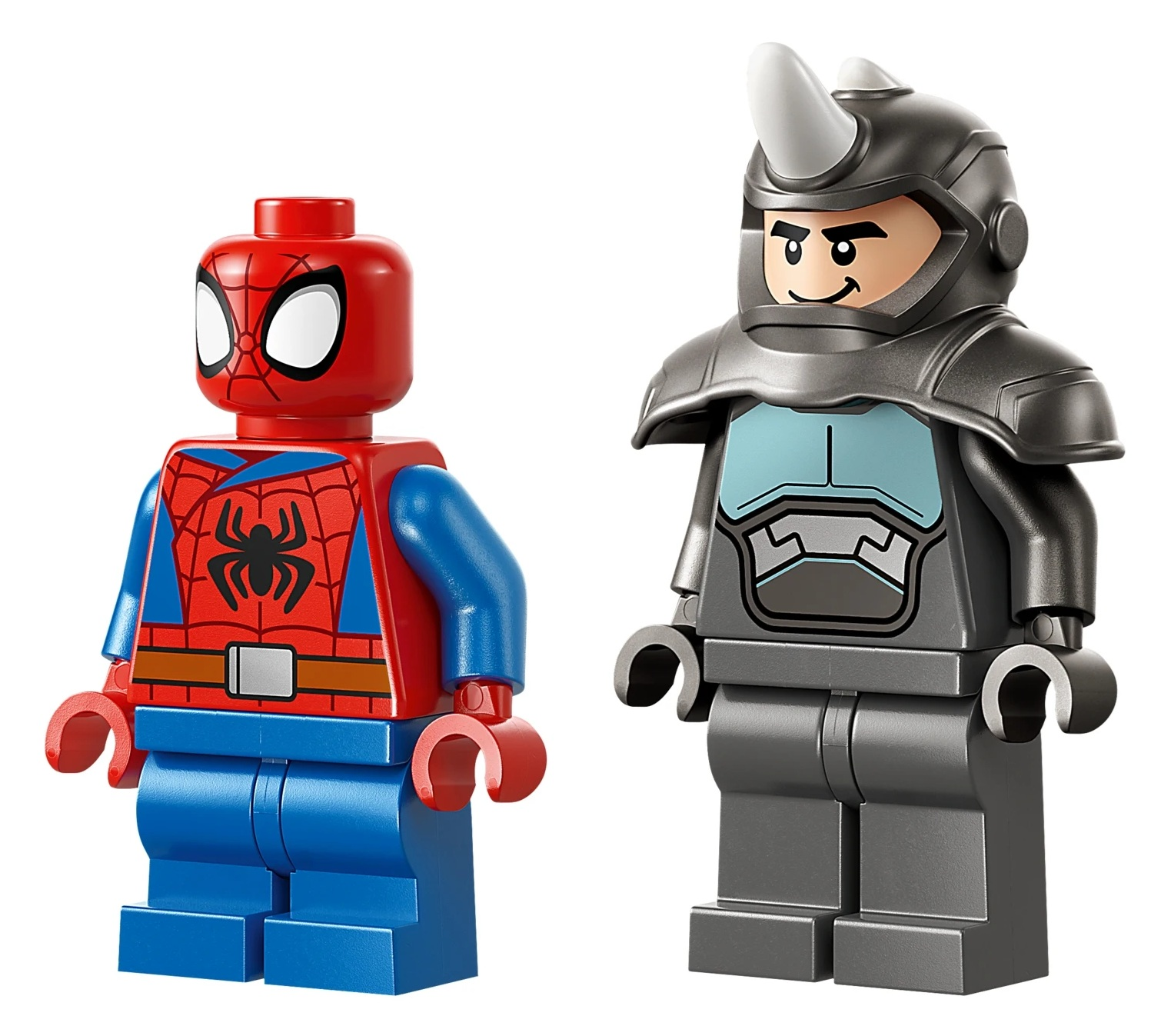 Figurki Lego Spider-Mana i Rhino na białym tle.