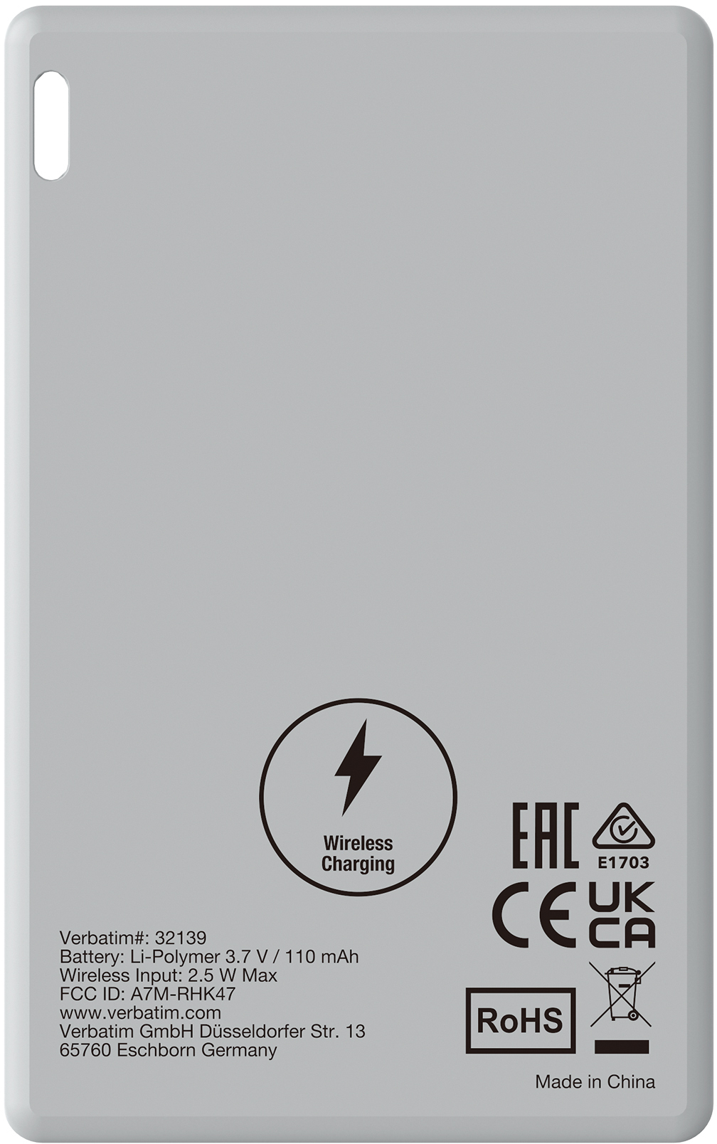 Rückseite eines grauen Geräts mit "Wireless Charging" Symbol und technischen Informationen.