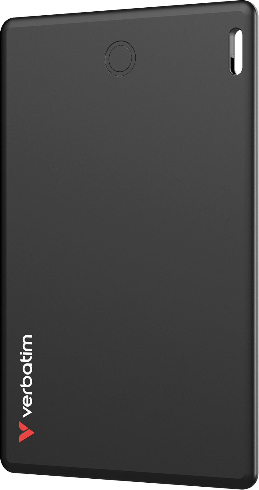 Schwarze externe Festplatte mit Verbatim-Logo und Fingerabdrucksensor.