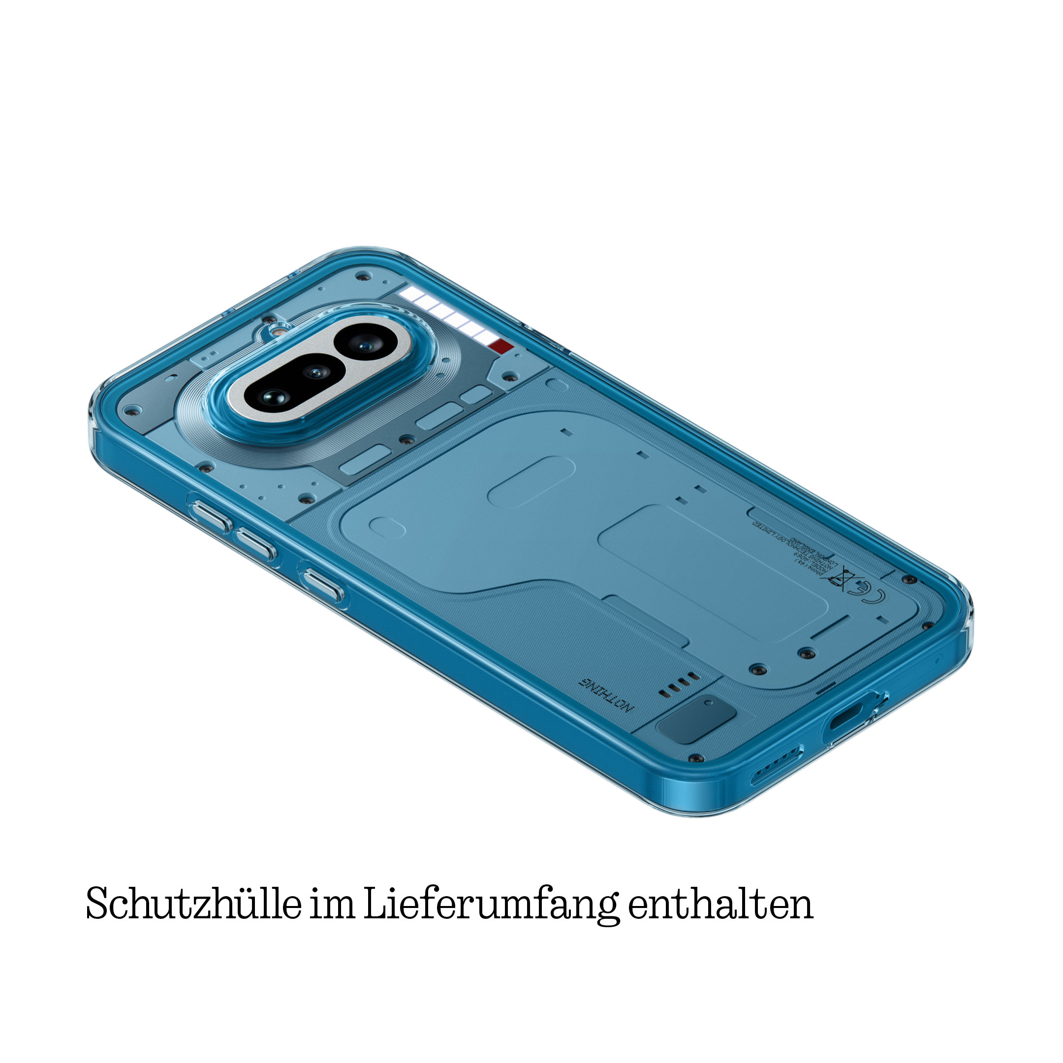 Coque de téléphone bleue avec dos transparent et objectifs.