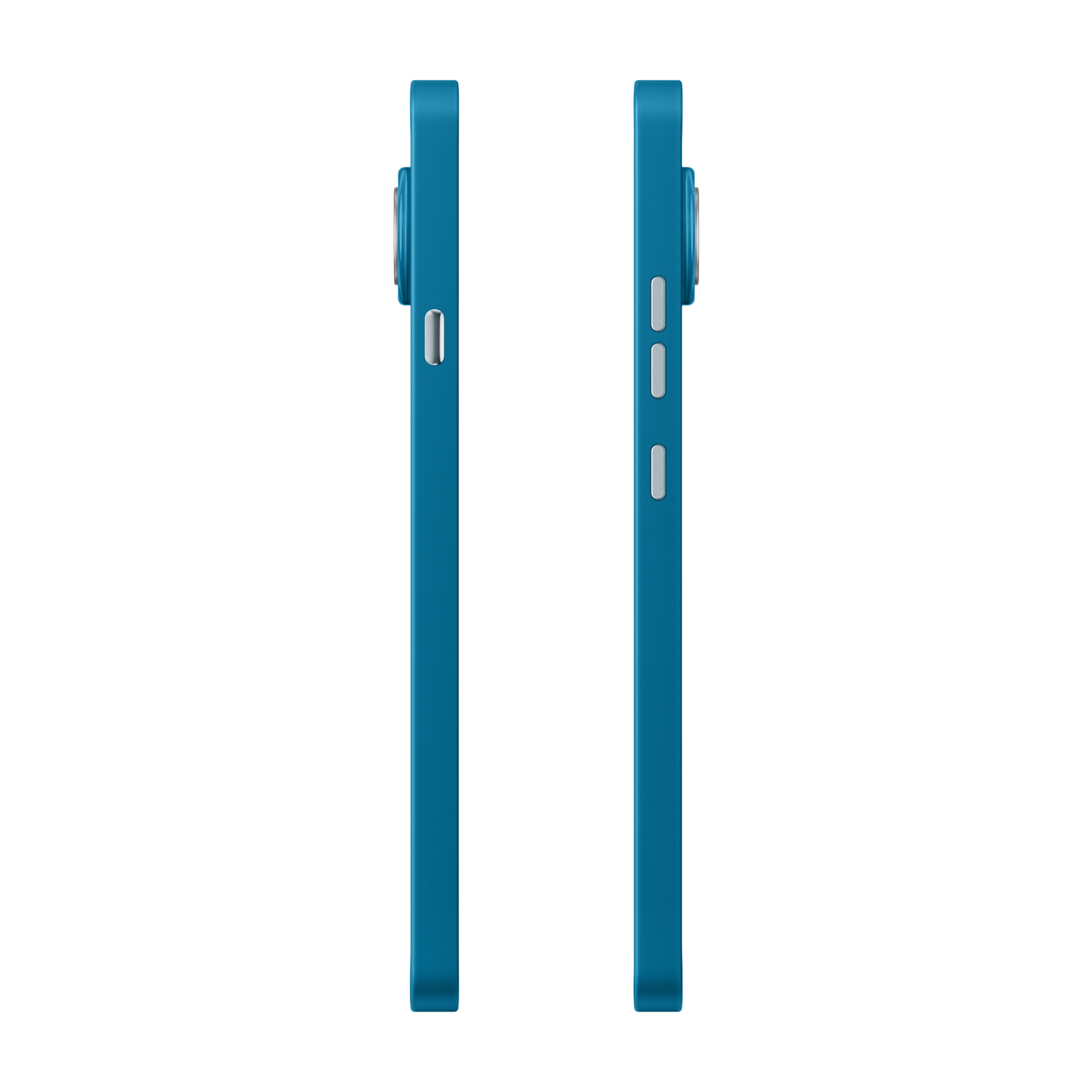 Deux coques de téléphone bleu sarcelle, vue latérale, montrant des boutons argentés.