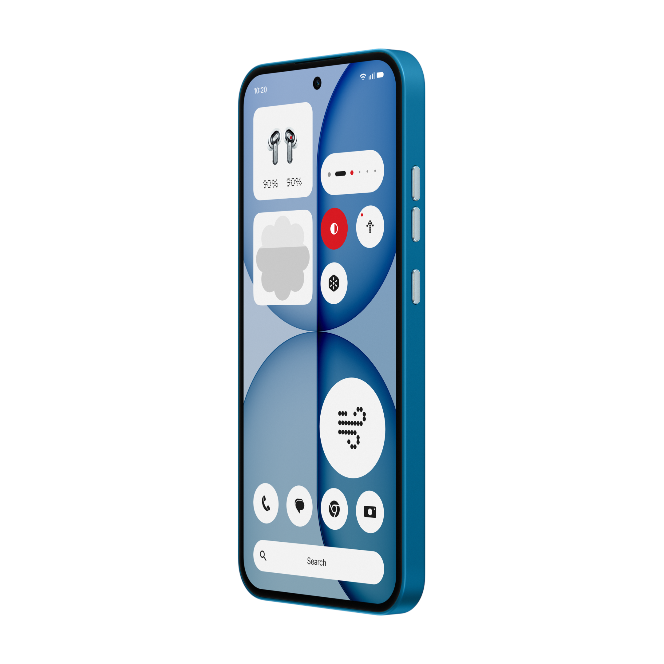 Un smartphone bleu avec un fond stylisé et diverses icônes d'applications.