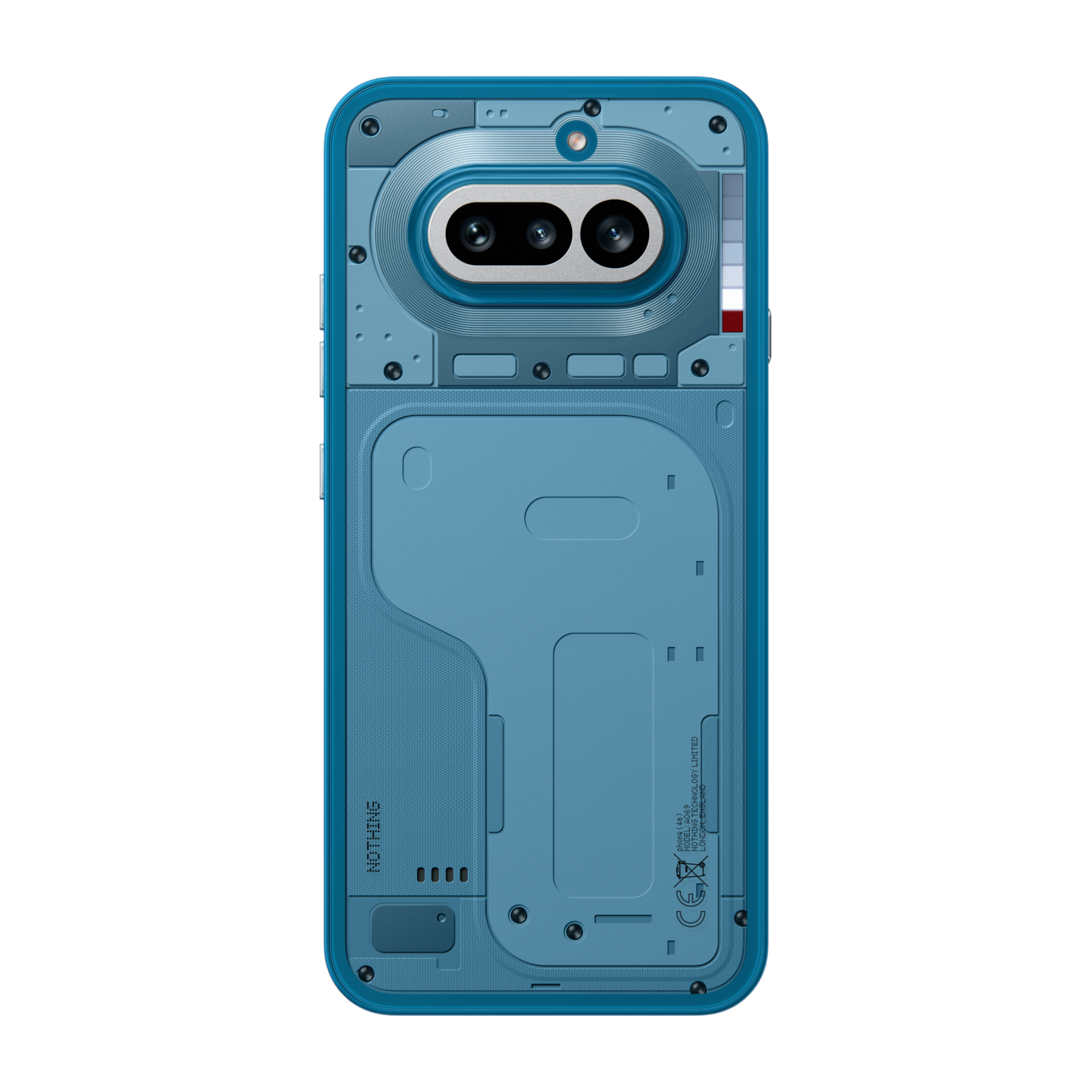 Dos de téléphone bleu avec système de caméra et matériel visible.