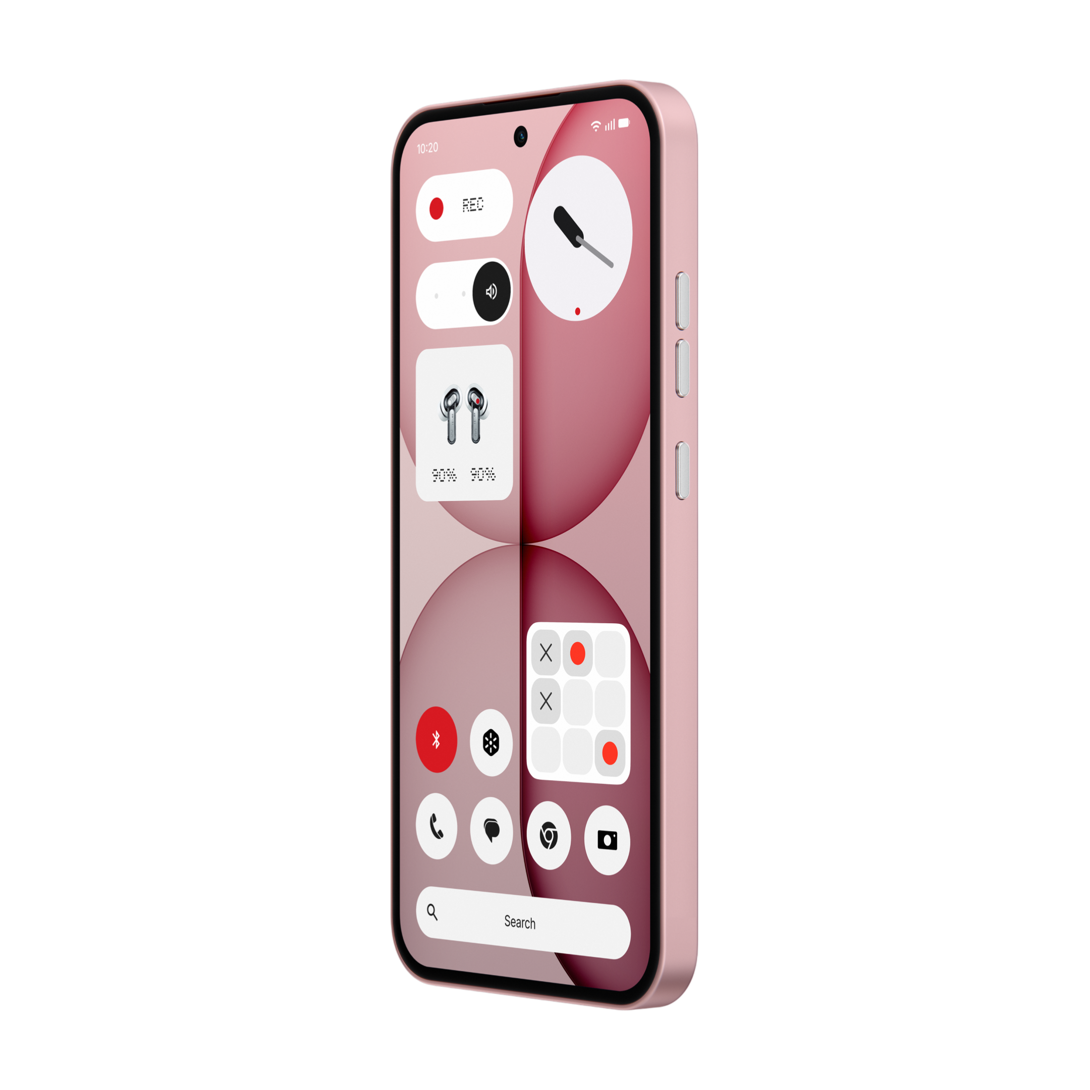 Un smartphone rose affiche des widgets : écouteurs, volume, enregistrement et jeux.