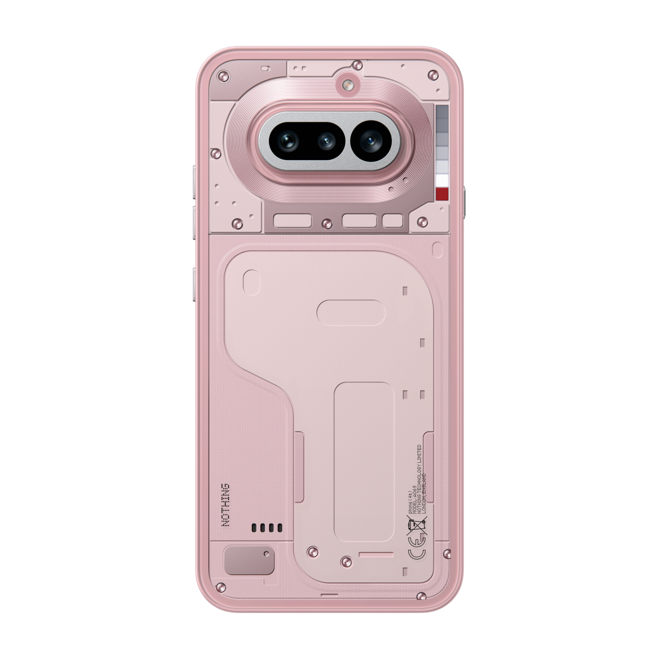 Arrière d'un smartphone rose avec module caméra et vis visibles.