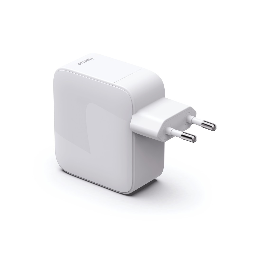 Ein weißer Hama Netzstecker mit zwei silbernen Metallstiften.