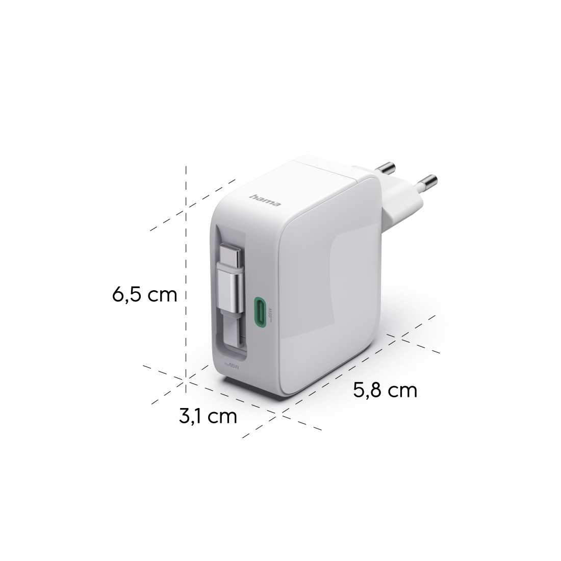 Weißer Hama USB-C-Ladegerät mit Maßen 6,5 x 5,8 x 3,1 cm.