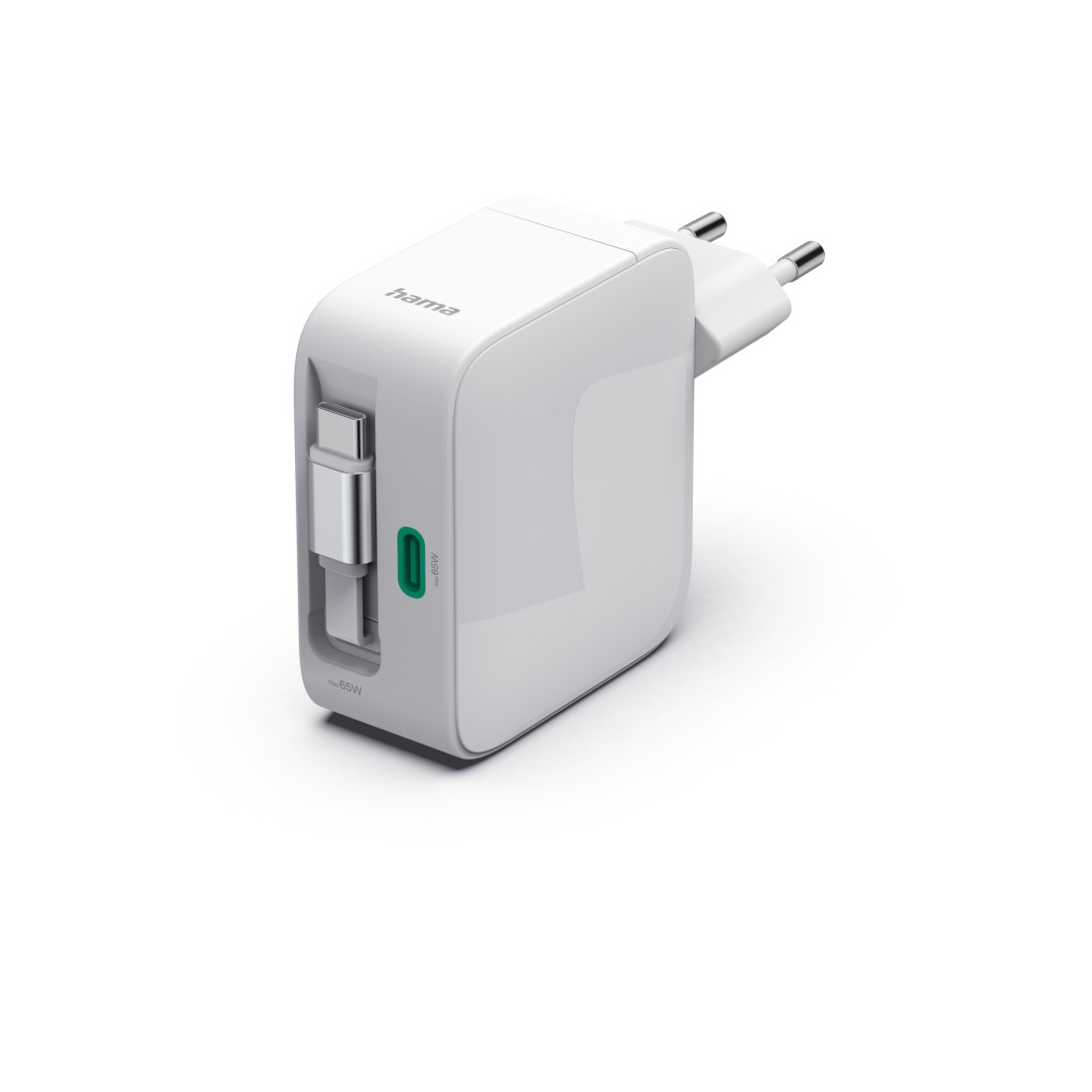 Weißer Hama-Adapter mit zwei USB-C-Anschlüssen und 65W Leistung.