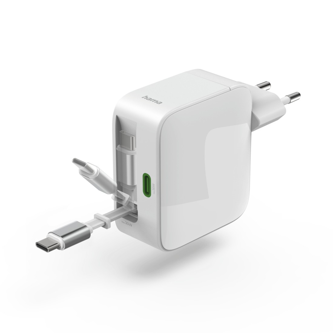 Ein weißer Hama-Netzadapter mit zwei USB-C-Kabeln und einem Stecker.