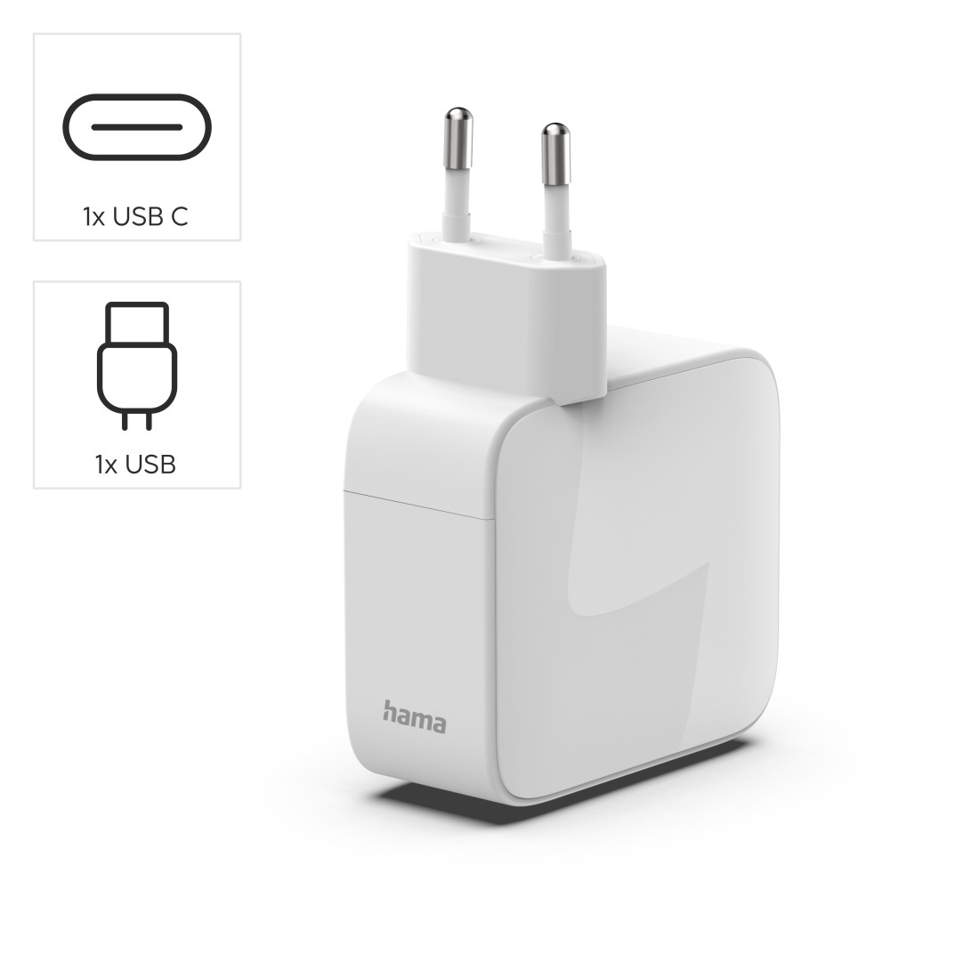 Ein weißer Hama USB-C-Ladestecker mit zwei Pins und zwei Ports.
