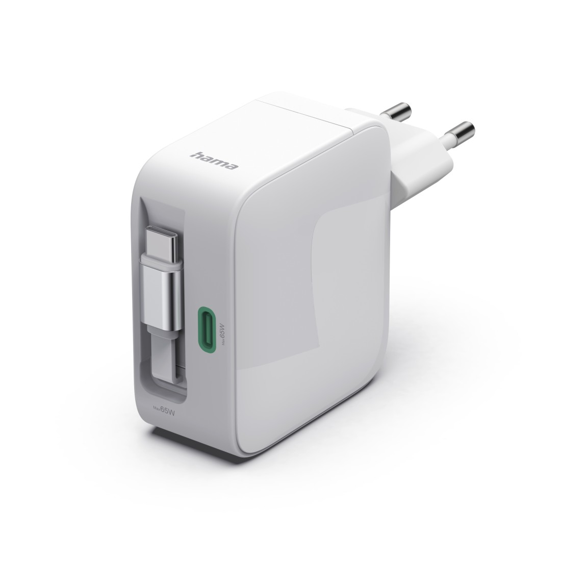 Ein weißer Hama USB-C Ladeadapter mit zwei Anschlüssen und Netzstecker.