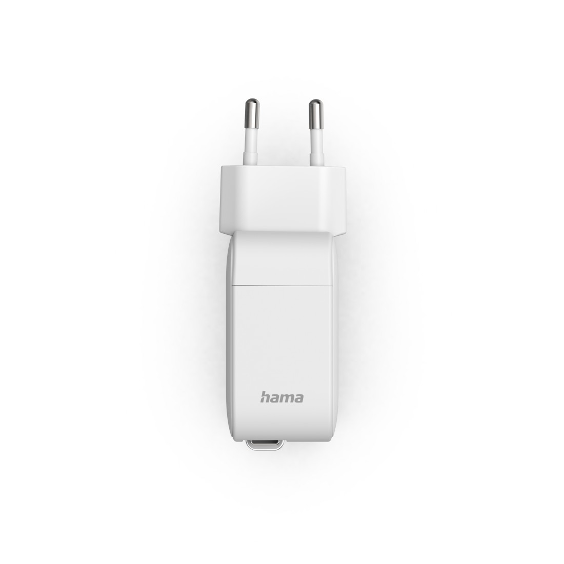 Ein weißer Hama Netzstecker mit zwei silbernen Stiften und einem USB-Anschluss.