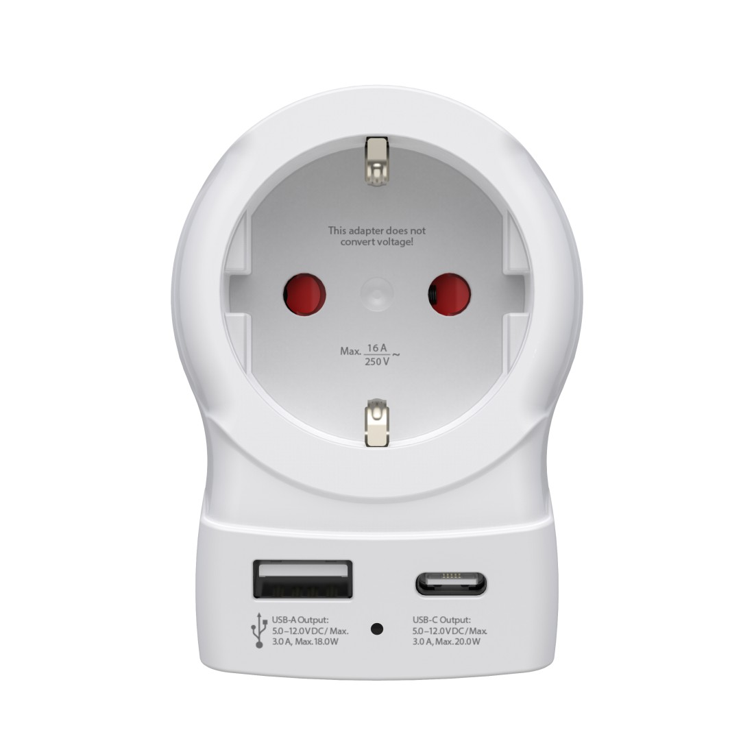 Weißer Reiseadapter mit USB-A/C-Ports und Steckdose. Nicht spannungswandler.