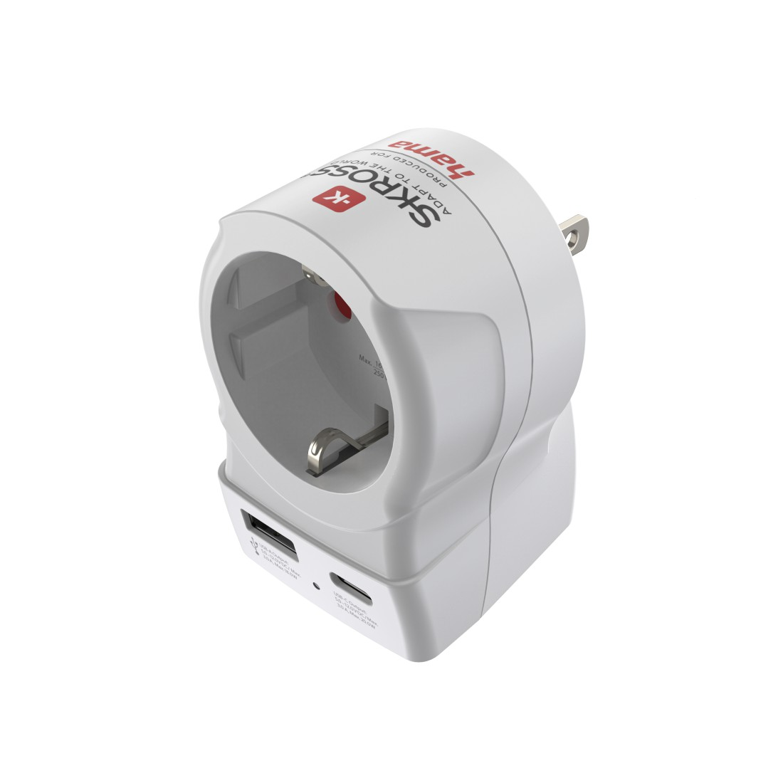 Ein weißer Reiseadapter mit USB-Anschlüssen und einem Steckplatz.