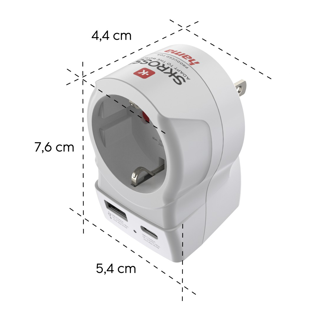 Weißer Reiseadapter mit USB-C- und USB-A-Anschlüssen, Maße: 7,6x4,4x5,4 cm.