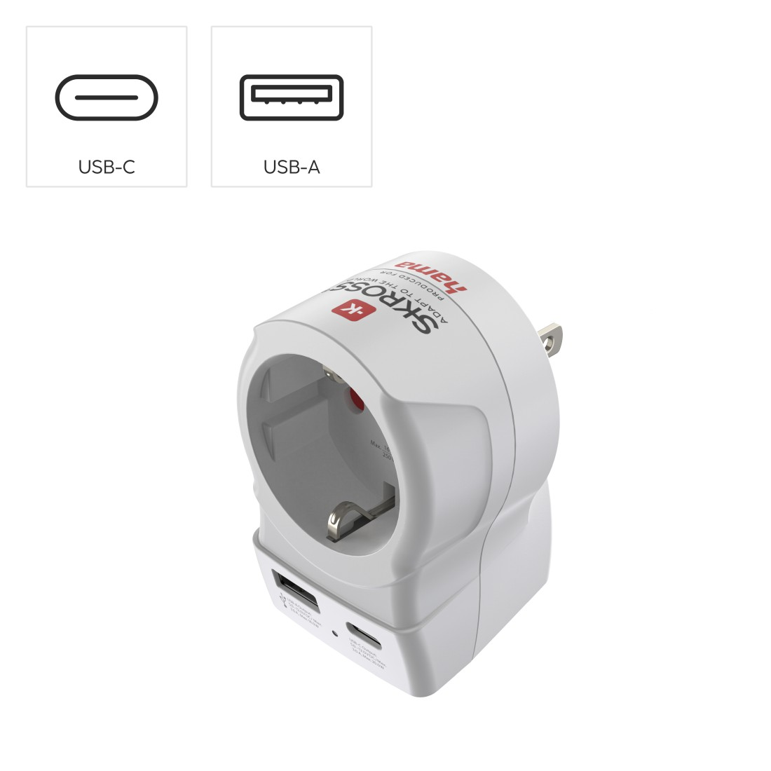 Ein weißer Reiseadapter mit USB-C und USB-A Anschlüssen.