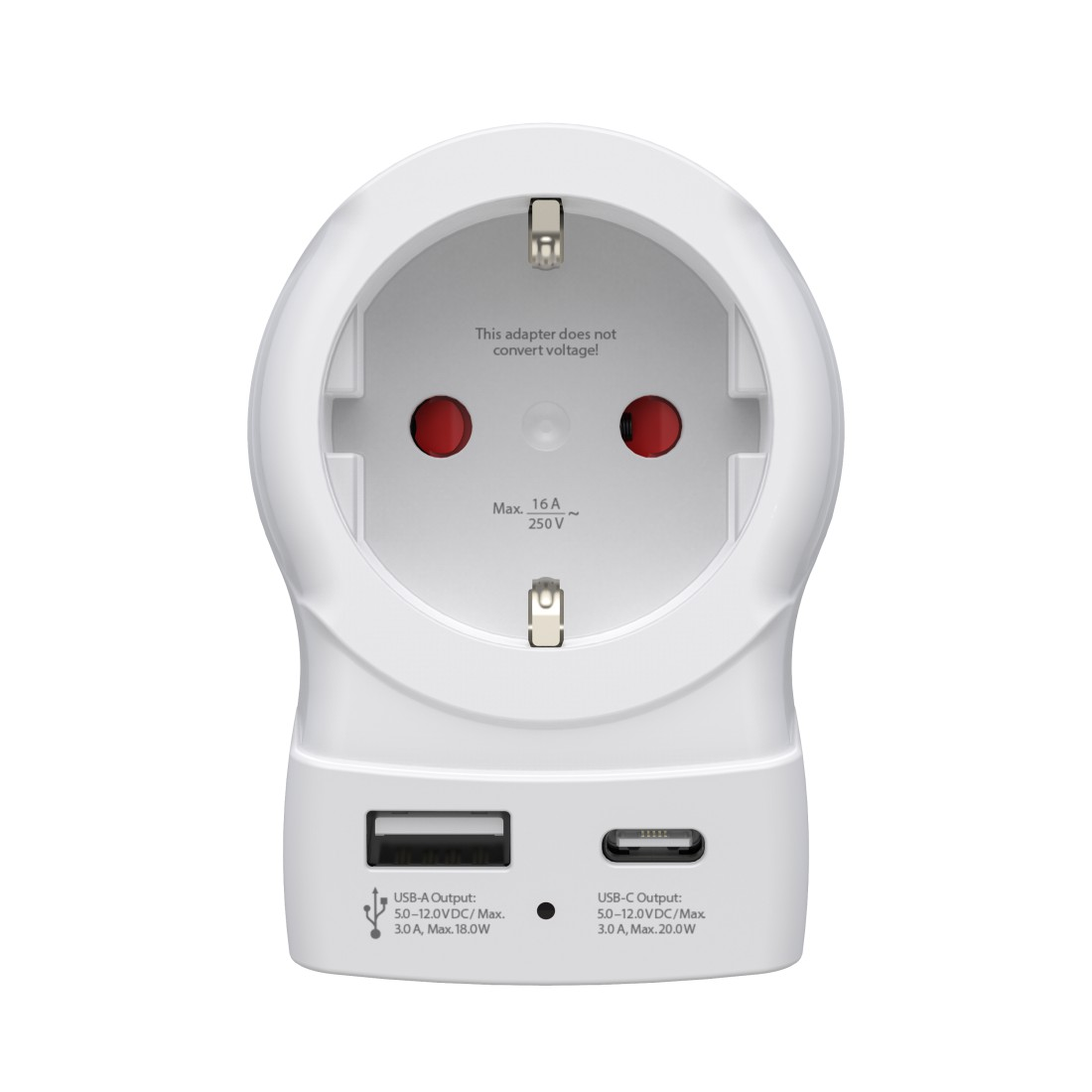 Weißer Reiseadapter mit Steckdose, USB-A und USB-C Anschlüssen.