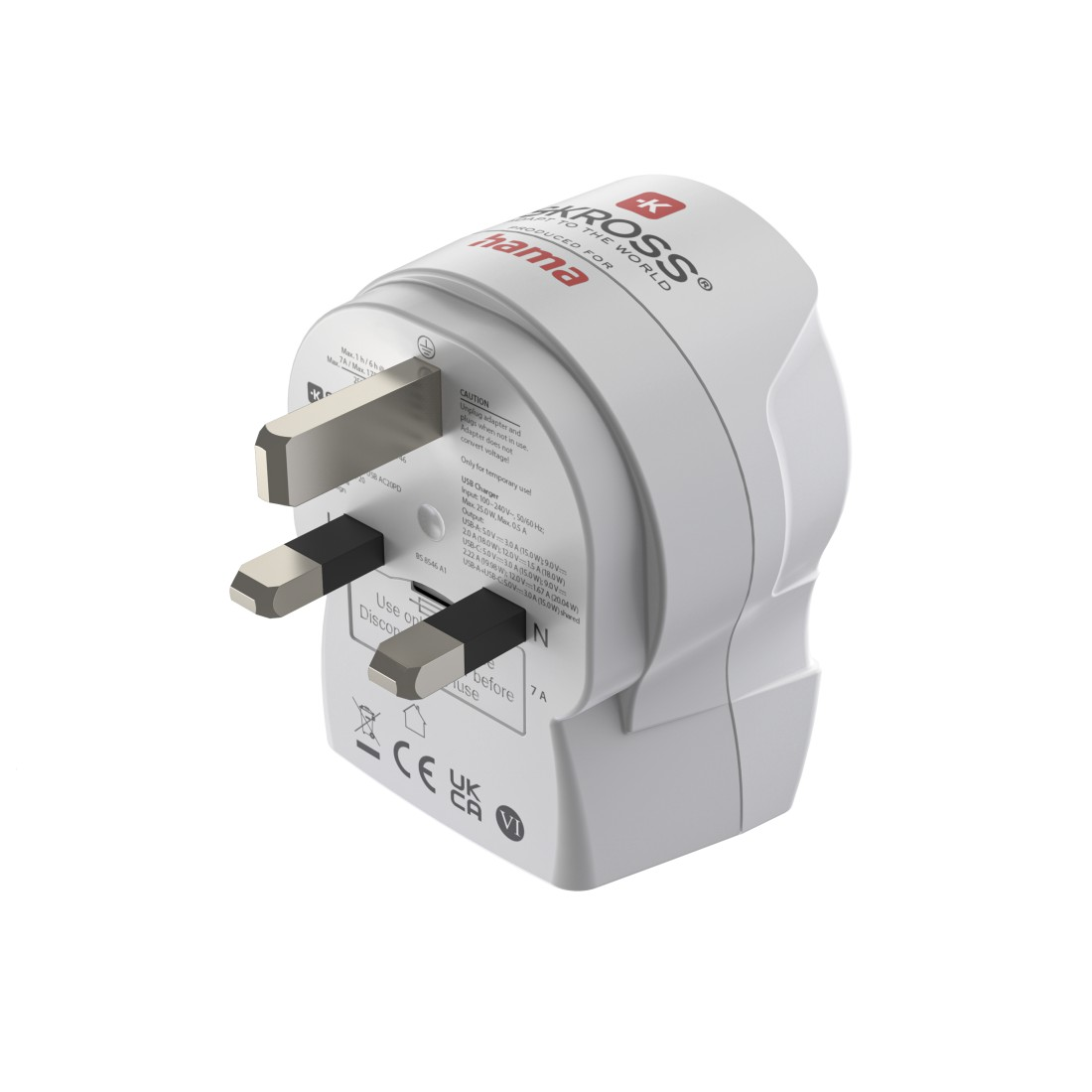 Ein weißer Reiseadapter mit drei Stiften und USB-Anschlüssen, beschriftet mit 'Hama'.