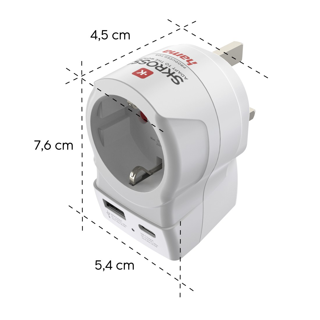 Weißer Reiseadapter mit Maßen: 7,6cm x 4,5cm x 5,4cm. Mit USB-Anschlüssen.