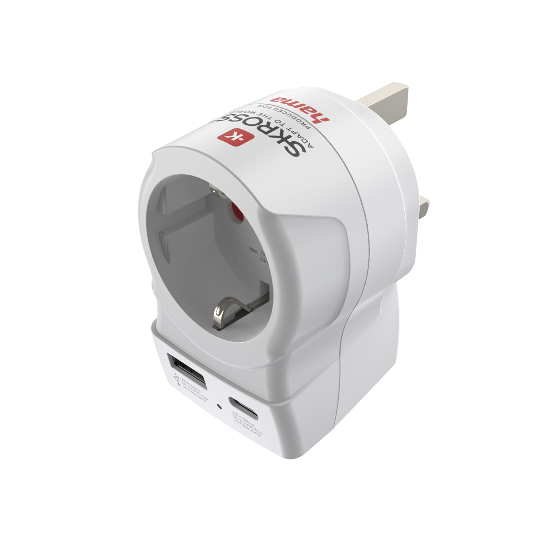 Ein weißer Reiseadapter mit USB-Anschlüssen und Steckdosen für verschiedene Länder.