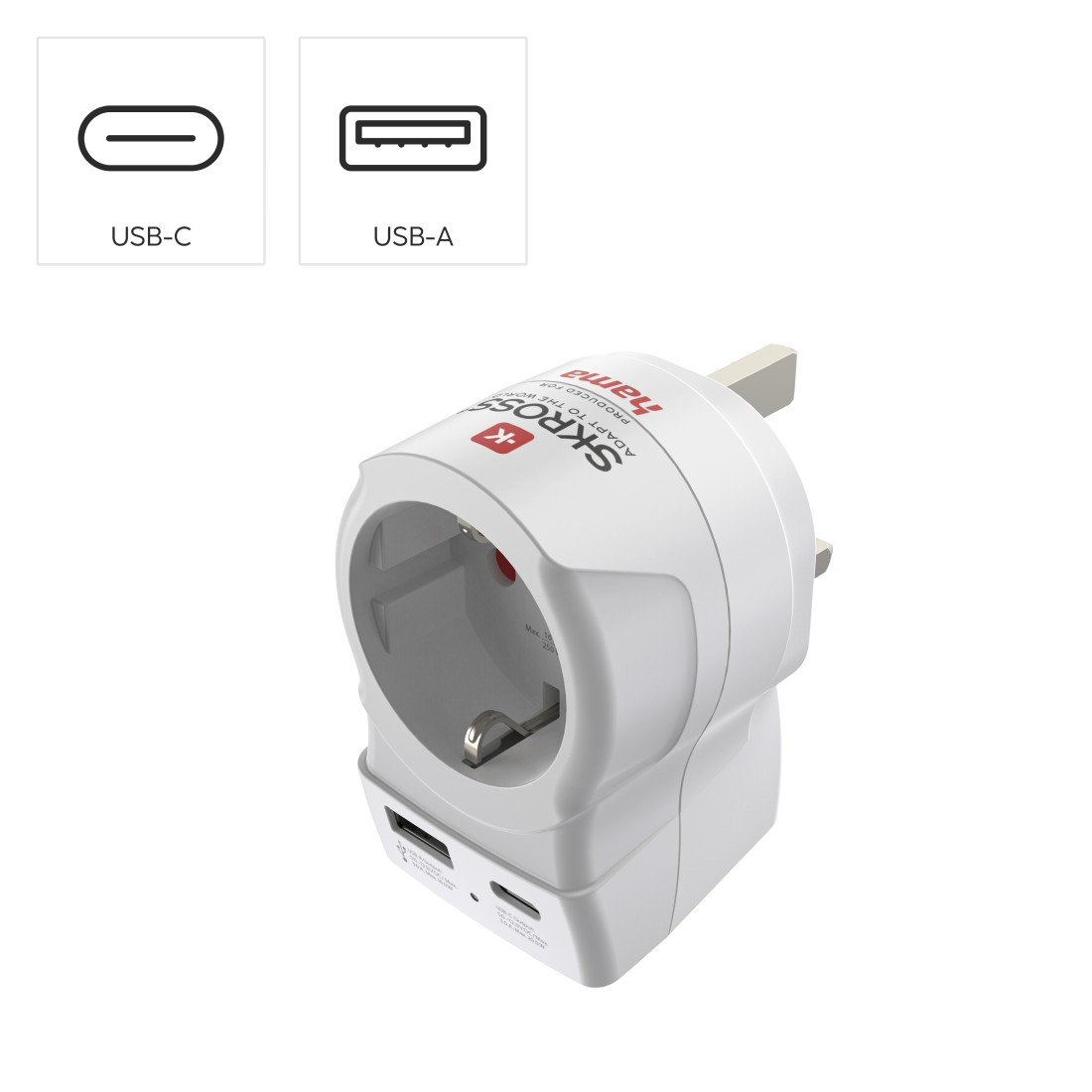 Weißer Reiseadapter mit USB-C und USB-A Anschlüssen.