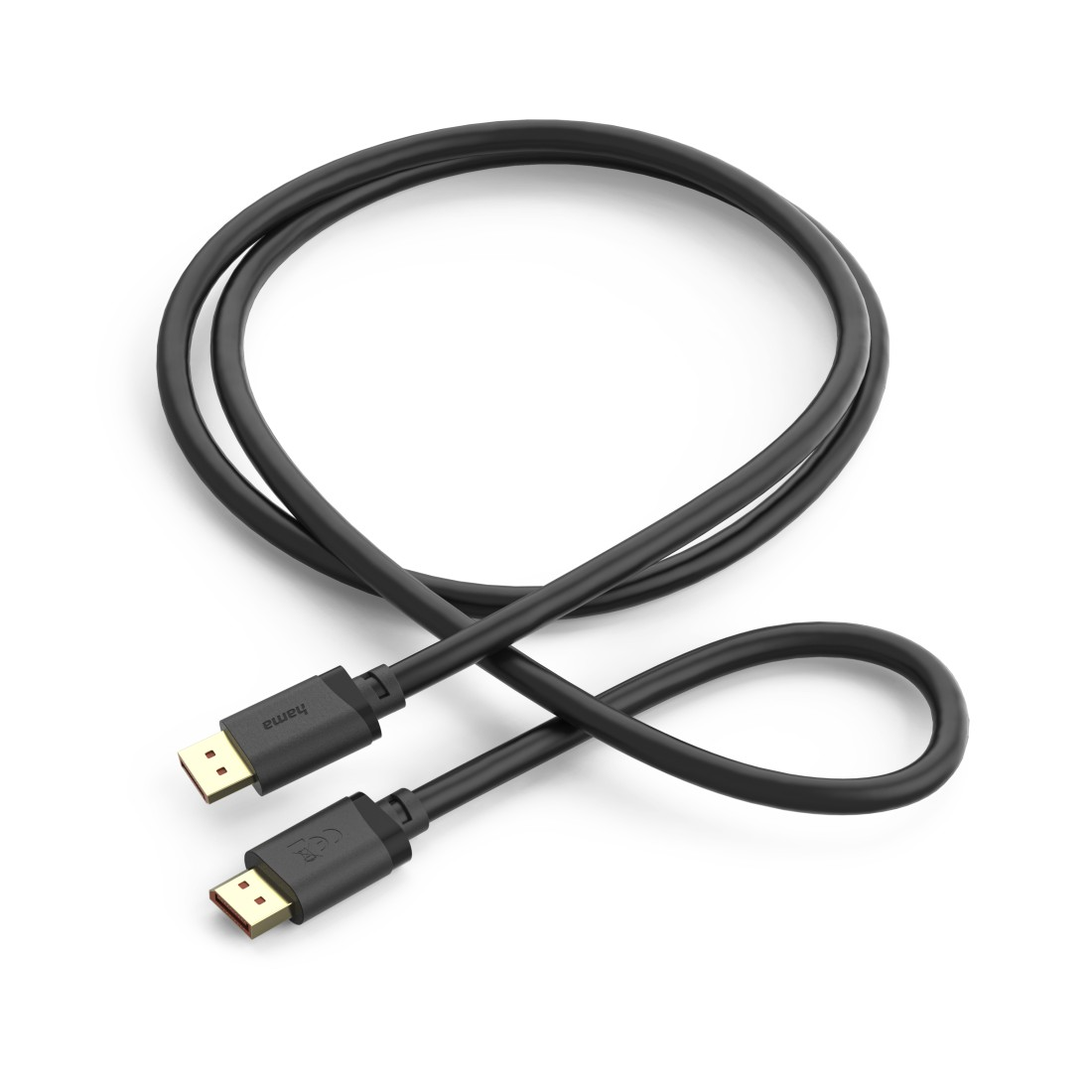 Ein schwarzes HDMI-Kabel mit goldenen Anschlüssen liegt auf weißem Grund.