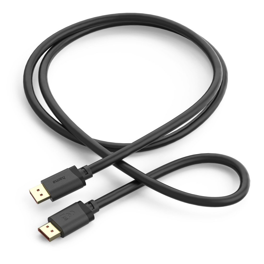 Ein schwarzes HDMI-Kabel mit goldenen Anschlüssen, auf weißem Hintergrund liegend.