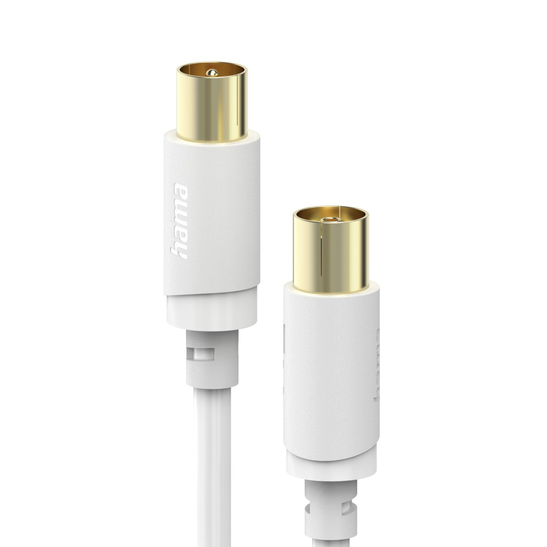Zwei weiße Kabel mit goldenen Anschlüssen auf weißem Hintergrund.