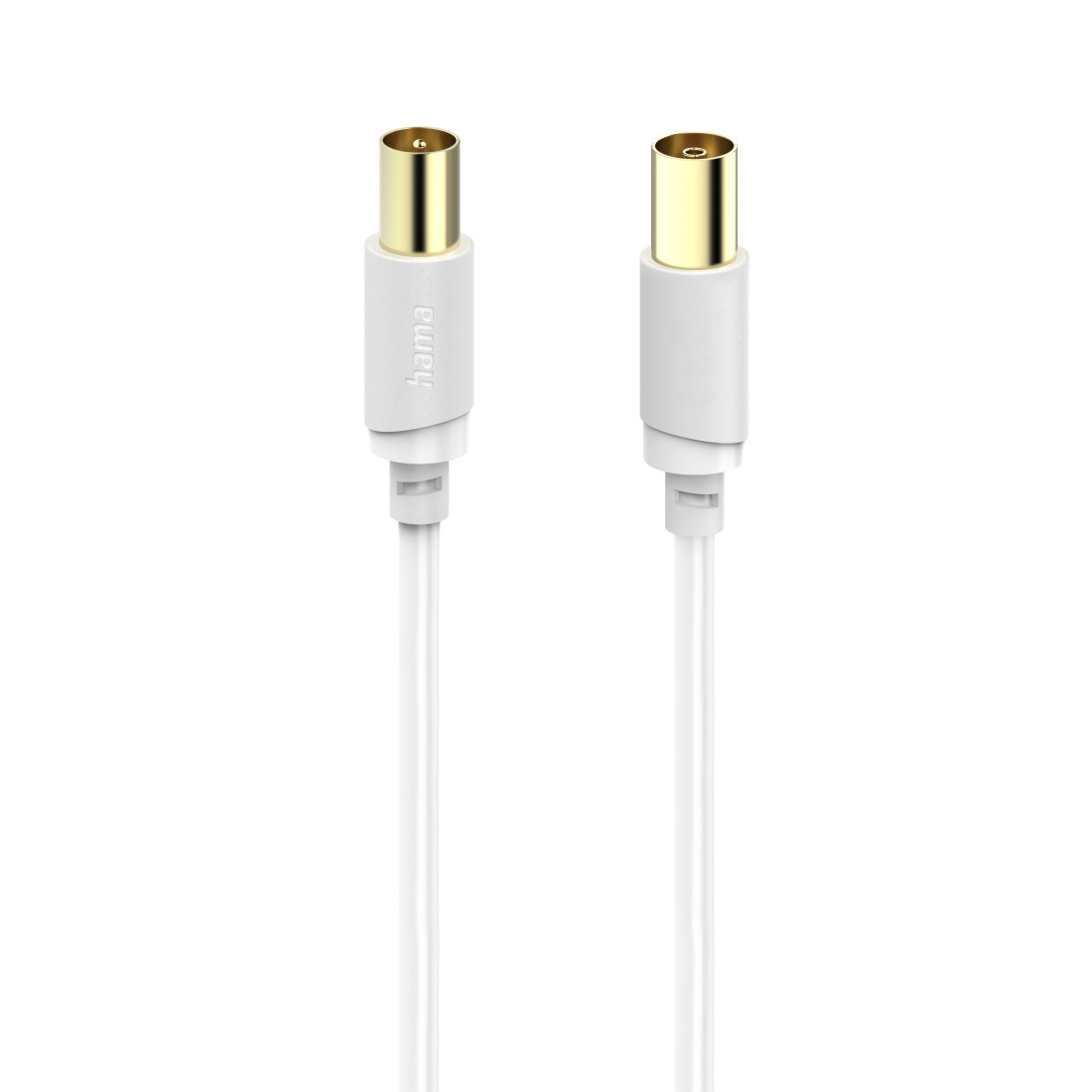 Zwei weiße Kabel mit goldenen Steckern, auf weißem Hintergrund.