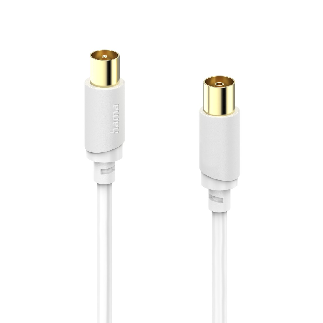 Zwei weiße Kabel mit goldenen Anschlüssen, verbunden mit weißen Steckergehäusen.