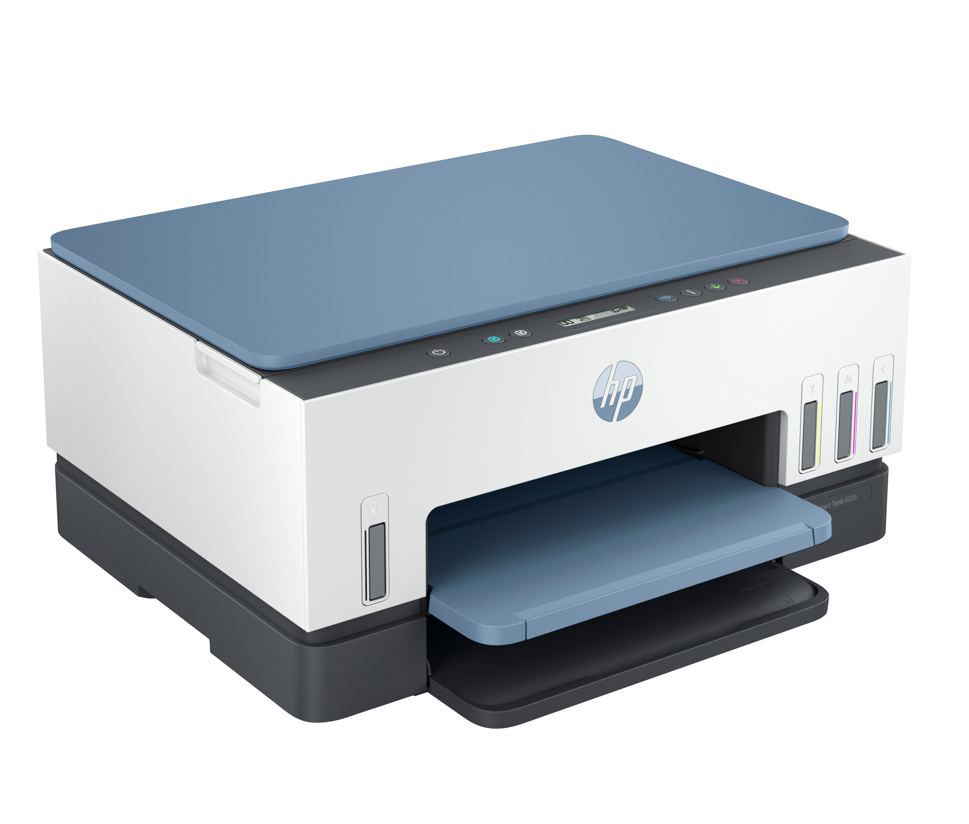 Una impresora HP blanca con tapa azul y tanques de tinta visibles.