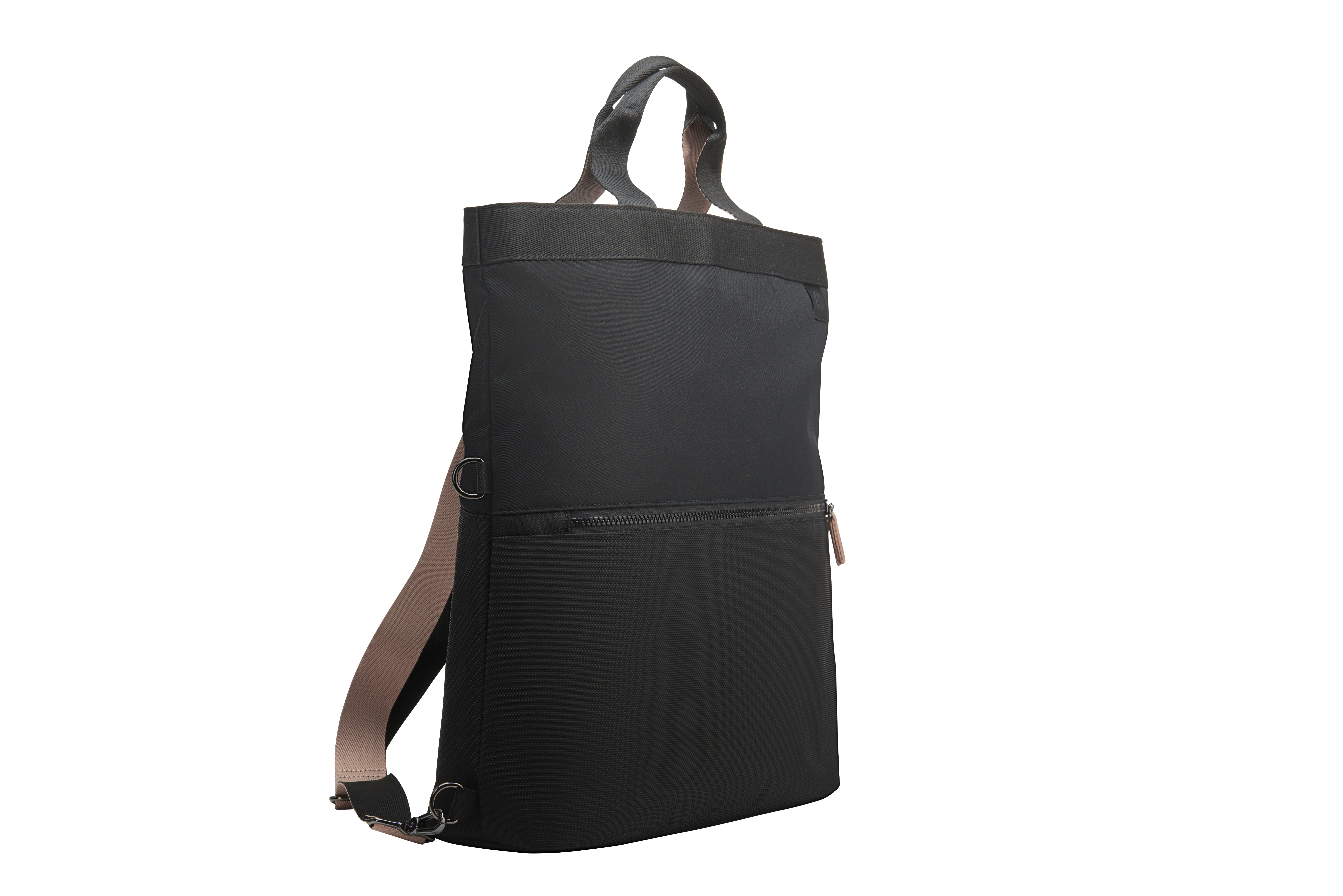 Bolso negro con correas y bolsillo con cremallera.