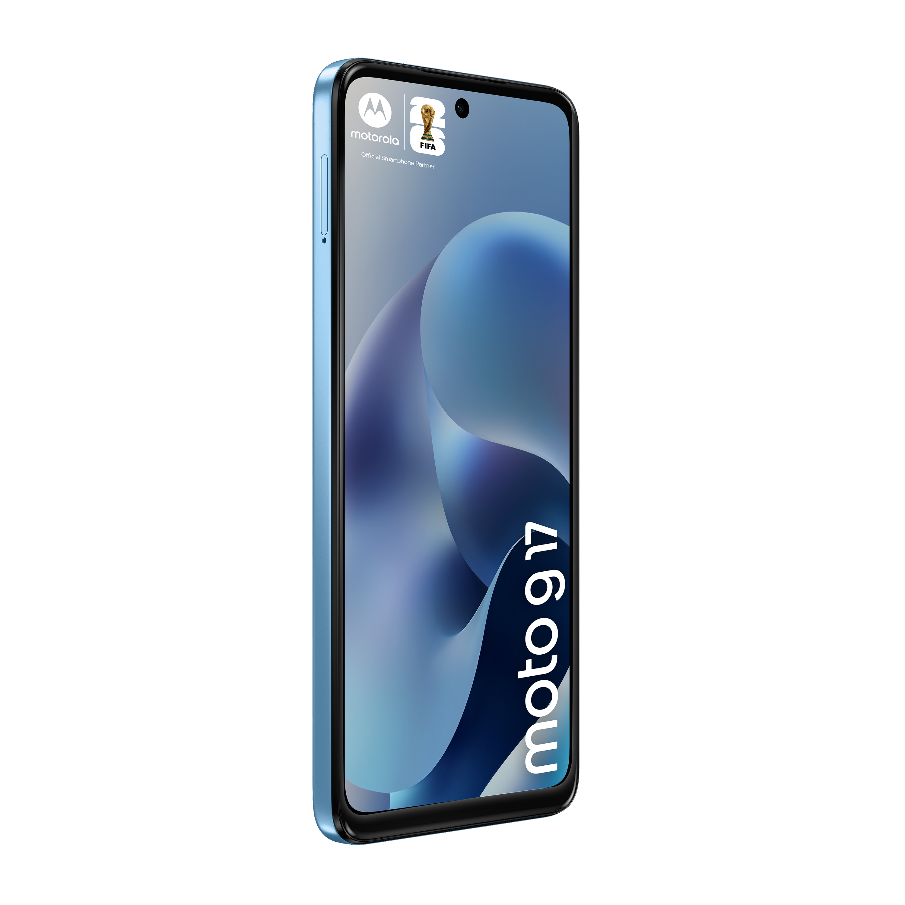 Ein blaues Motorola Moto G 17 Smartphone mit FIFA-Logo.