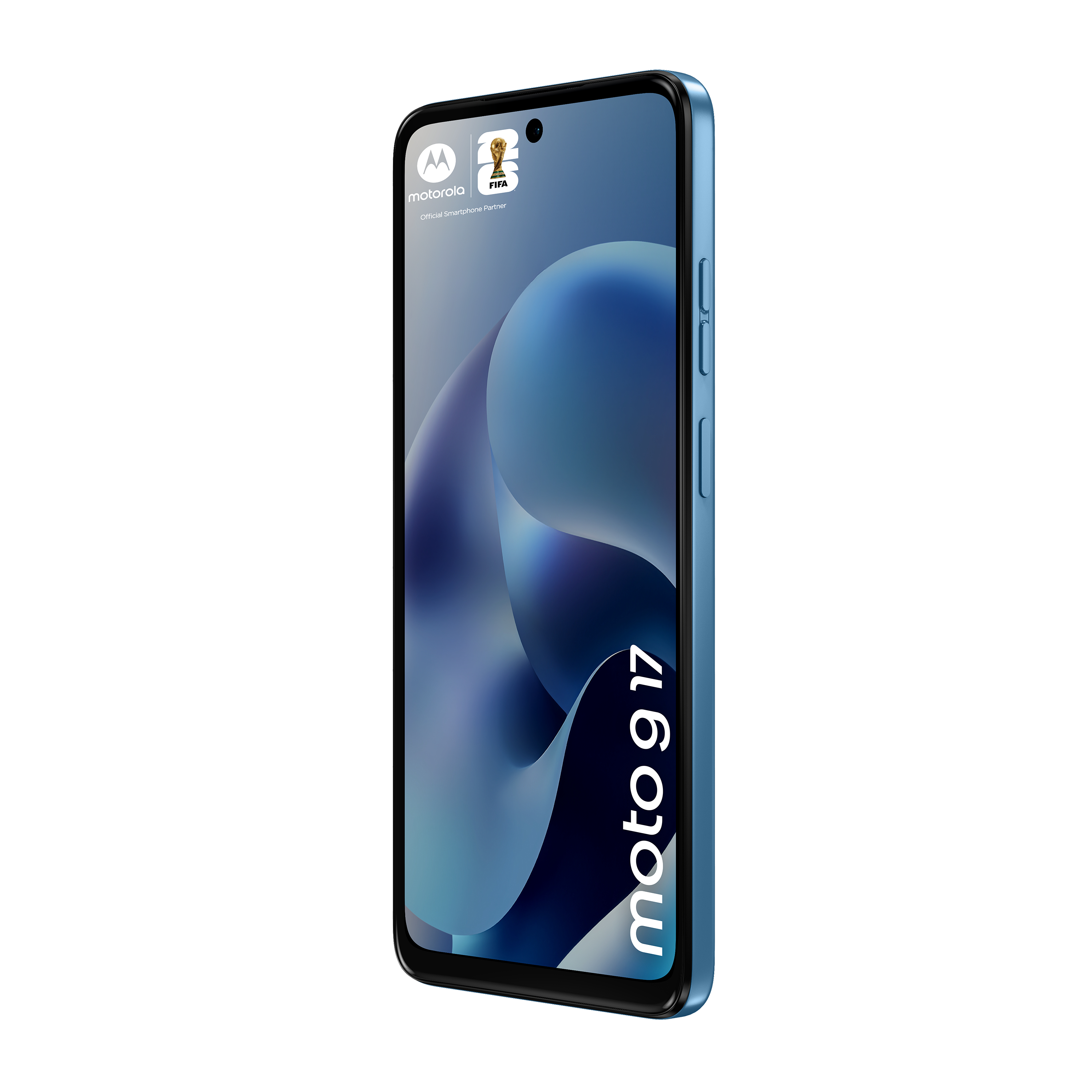 Blaues Motorola Moto G17 Smartphone mit FIFA-Logo auf dem Bildschirm.