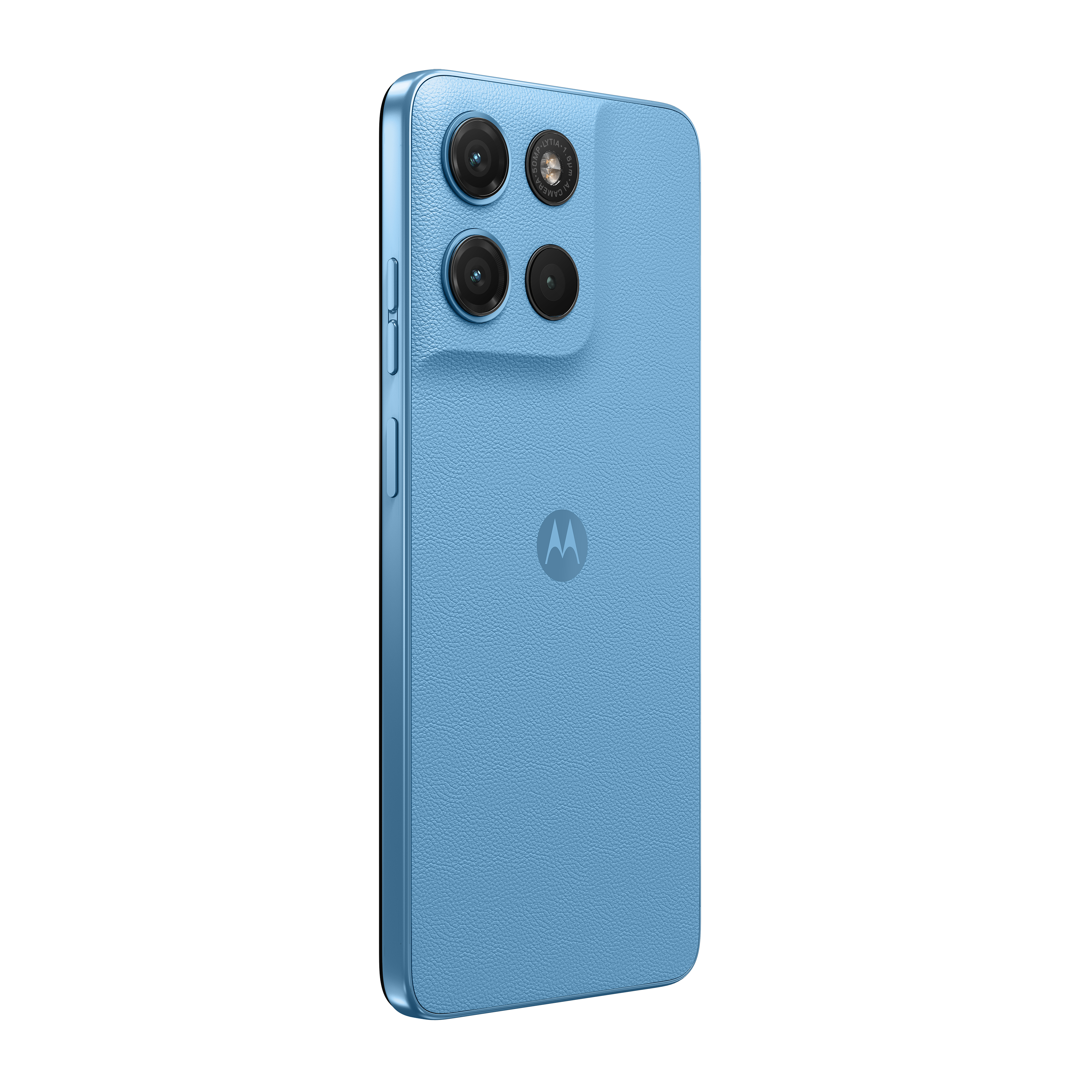 Rückseite eines blauen Motorola-Smartphones mit drei Kameras und einem Logo.