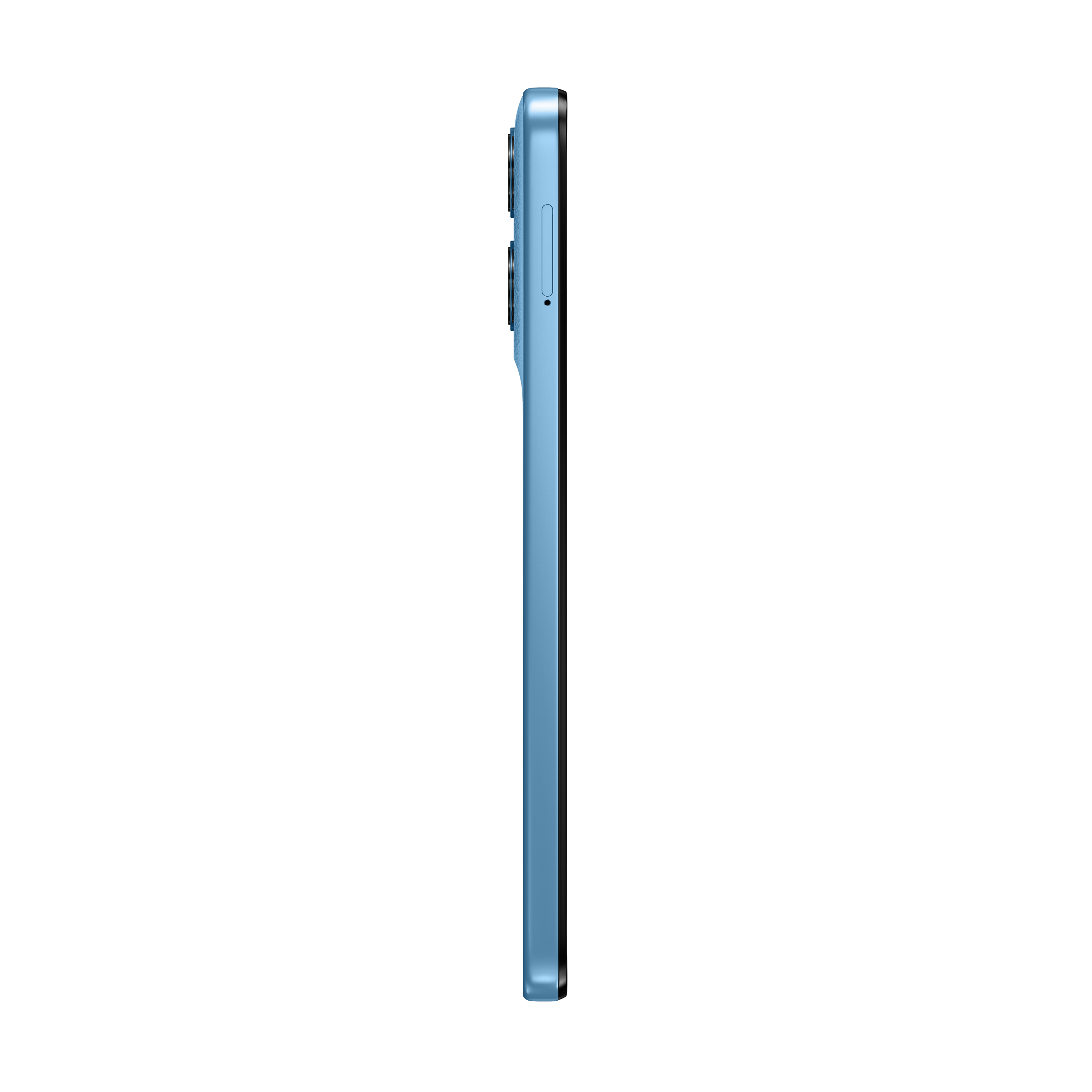Blaues Smartphone im Seitenprofil auf weißem Hintergrund.