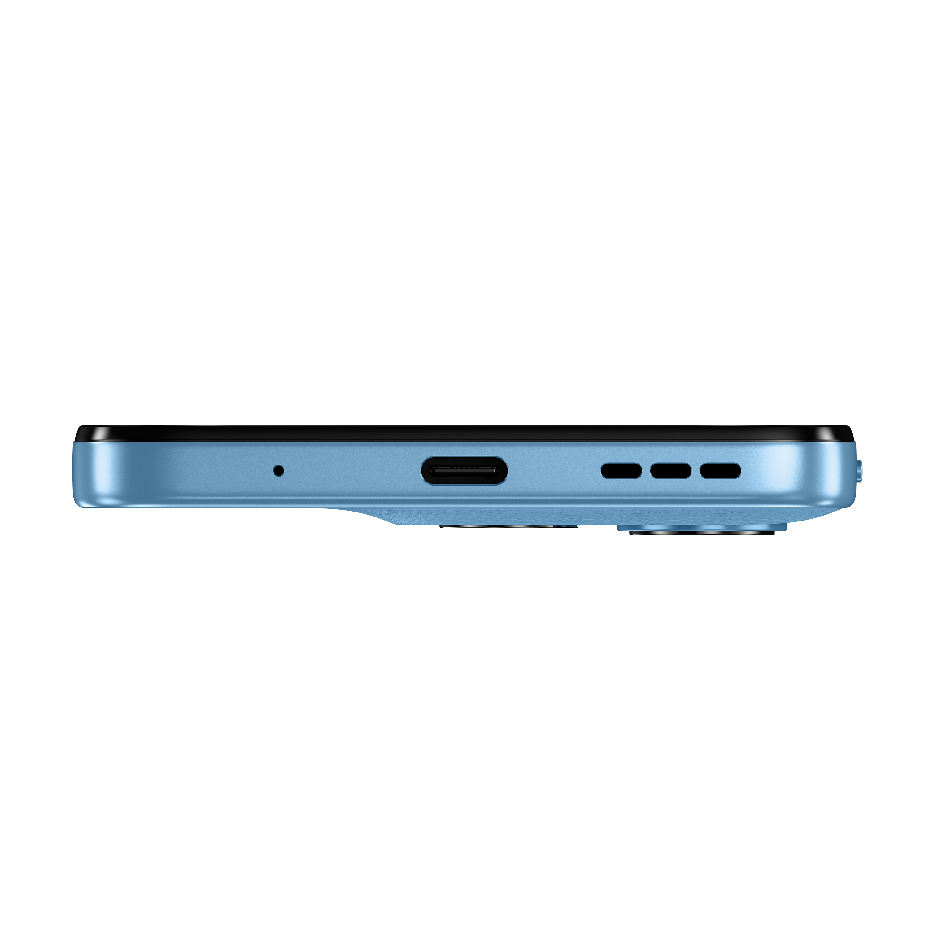 Eine blaue Smartphone-Seite mit Ladeanschluss und Lautsprecheröffnungen.