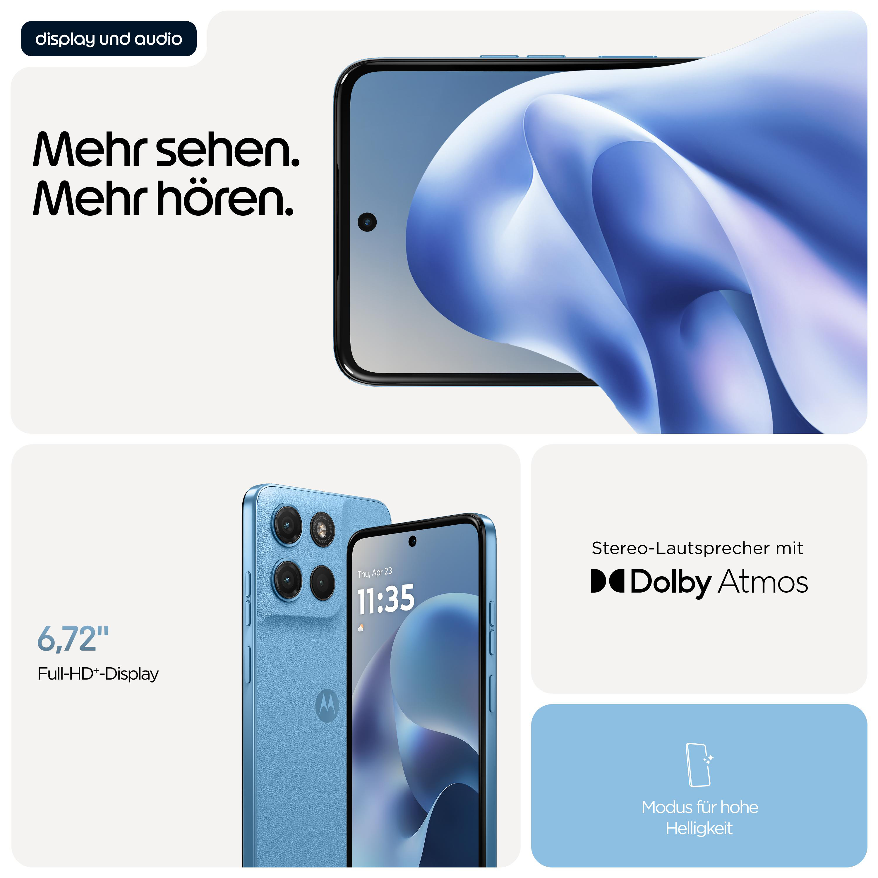 Ein hellblaues Smartphone mit drei Kameras und einem großen Display.