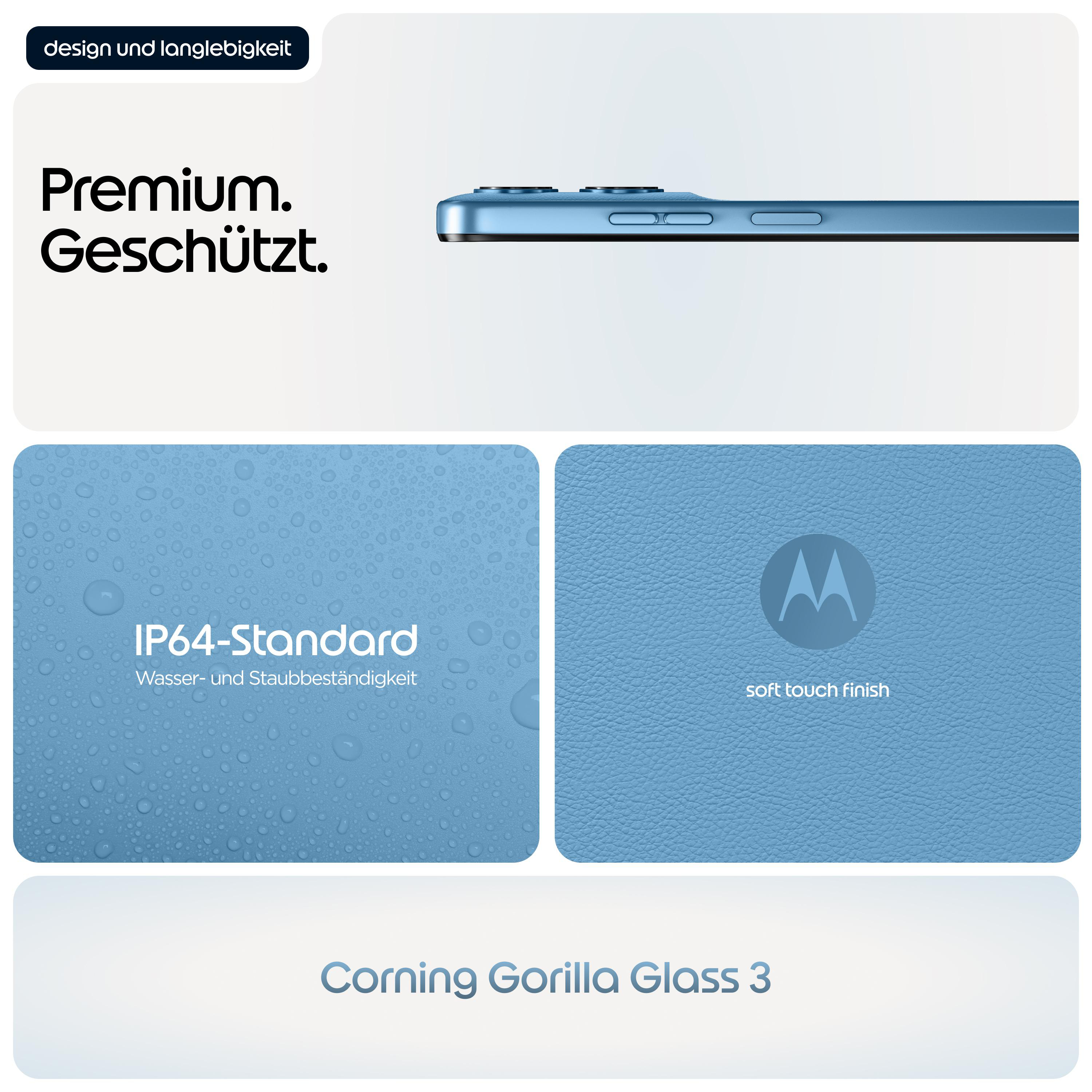 Blaues Handy mit IP64, weicher Oberfläche und Corning Gorilla Glass 3.