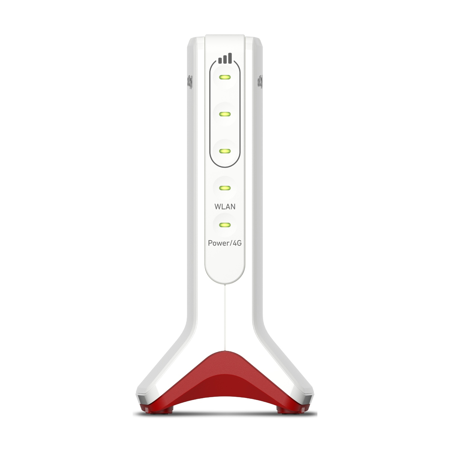Un router bianco con base rossa e LED di stato. Indicatore di segnale in alto.