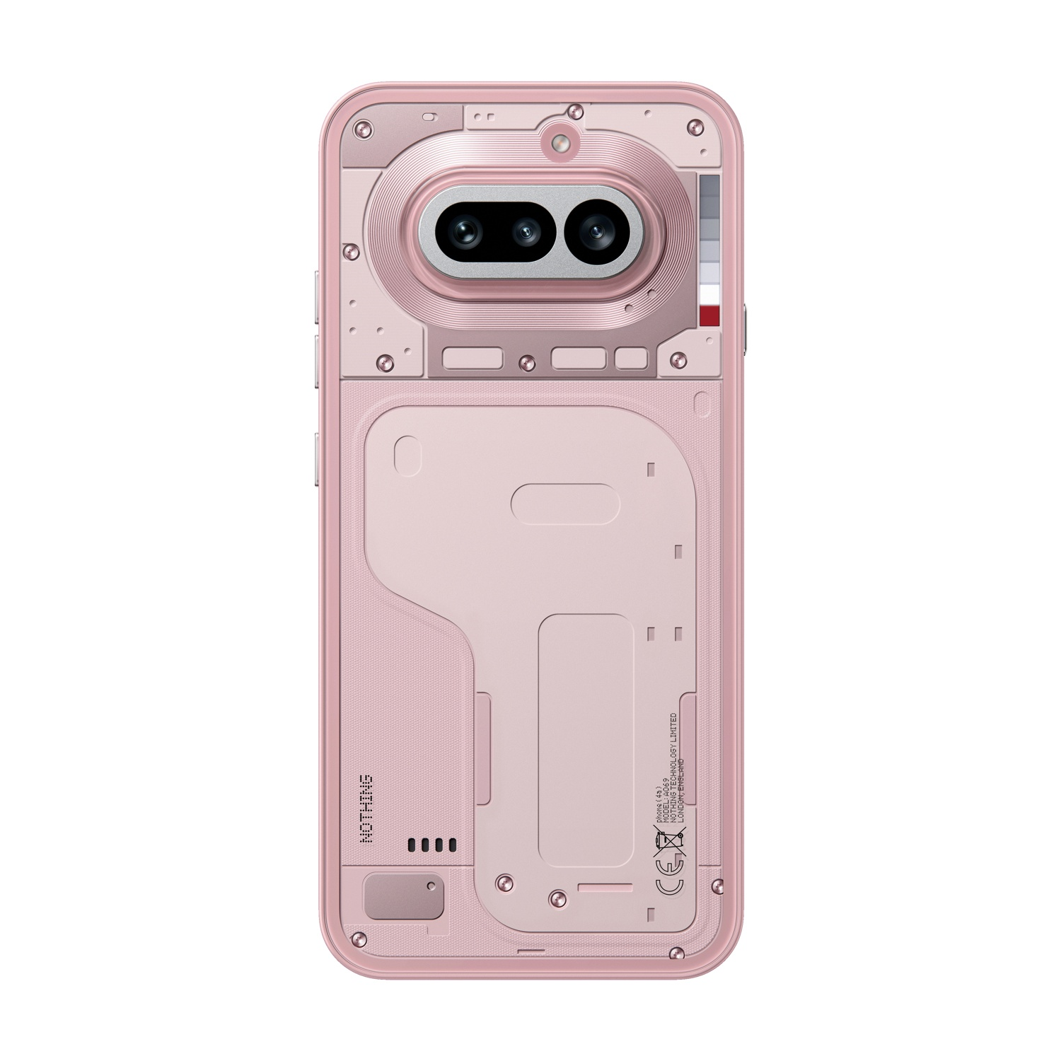 Retro del telefono rosa con viti e fotocamere visibili.