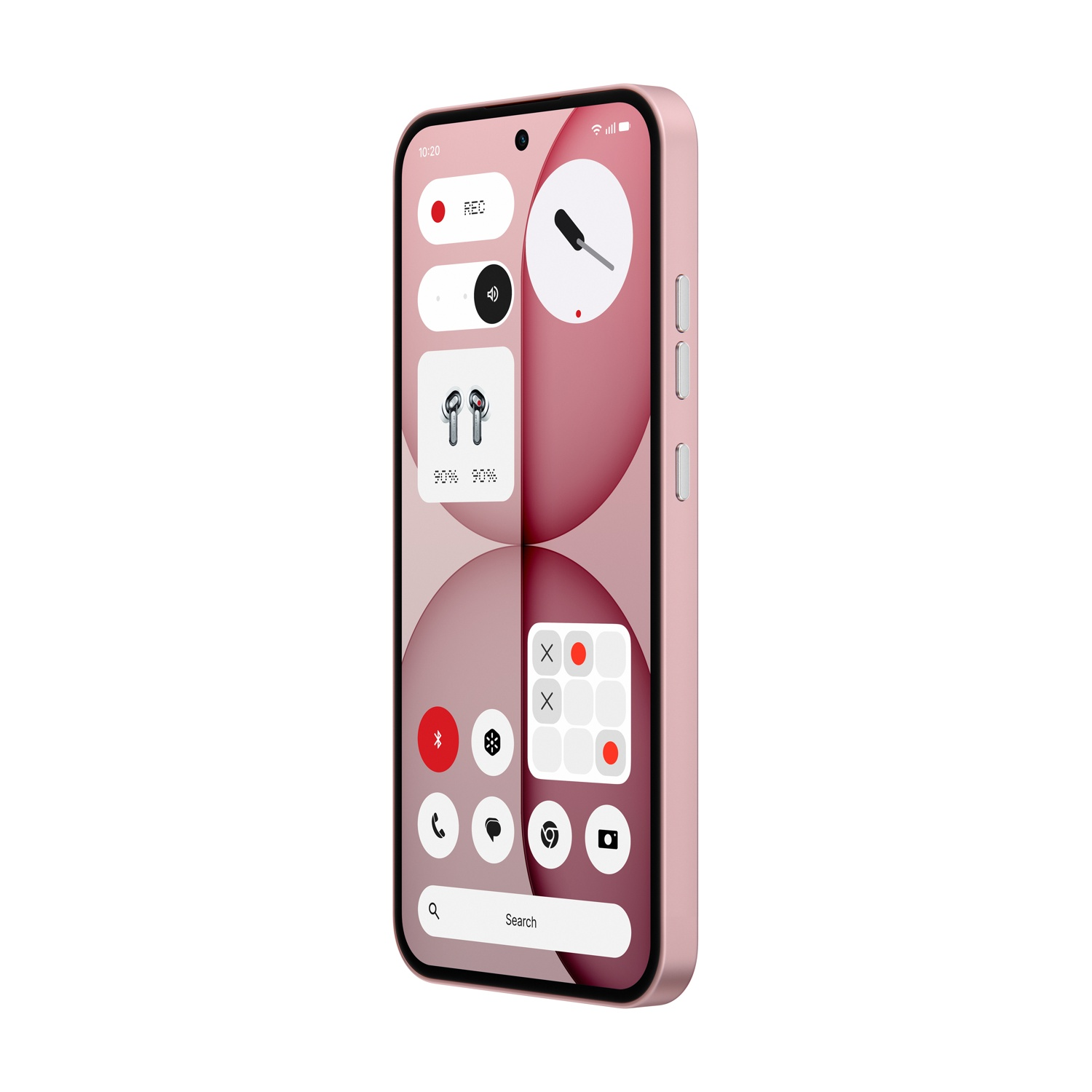 Uno smartphone rosa che mostra widget, inclusi auricolari e un pulsante di registrazione.