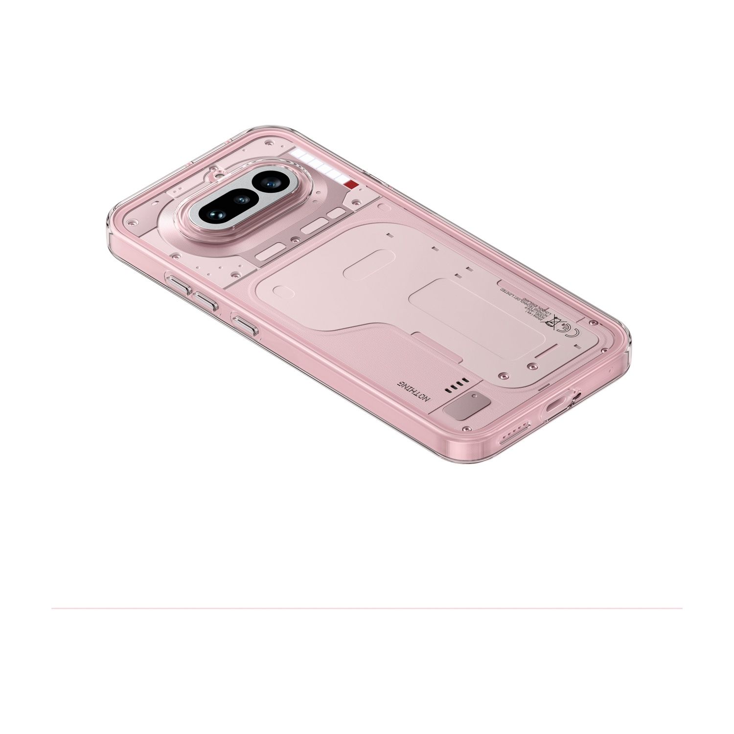 Un Nothing Phone (2a) color oro rosa con custodia trasparente e componenti interni visibili è inclinato su uno sfondo bianco.