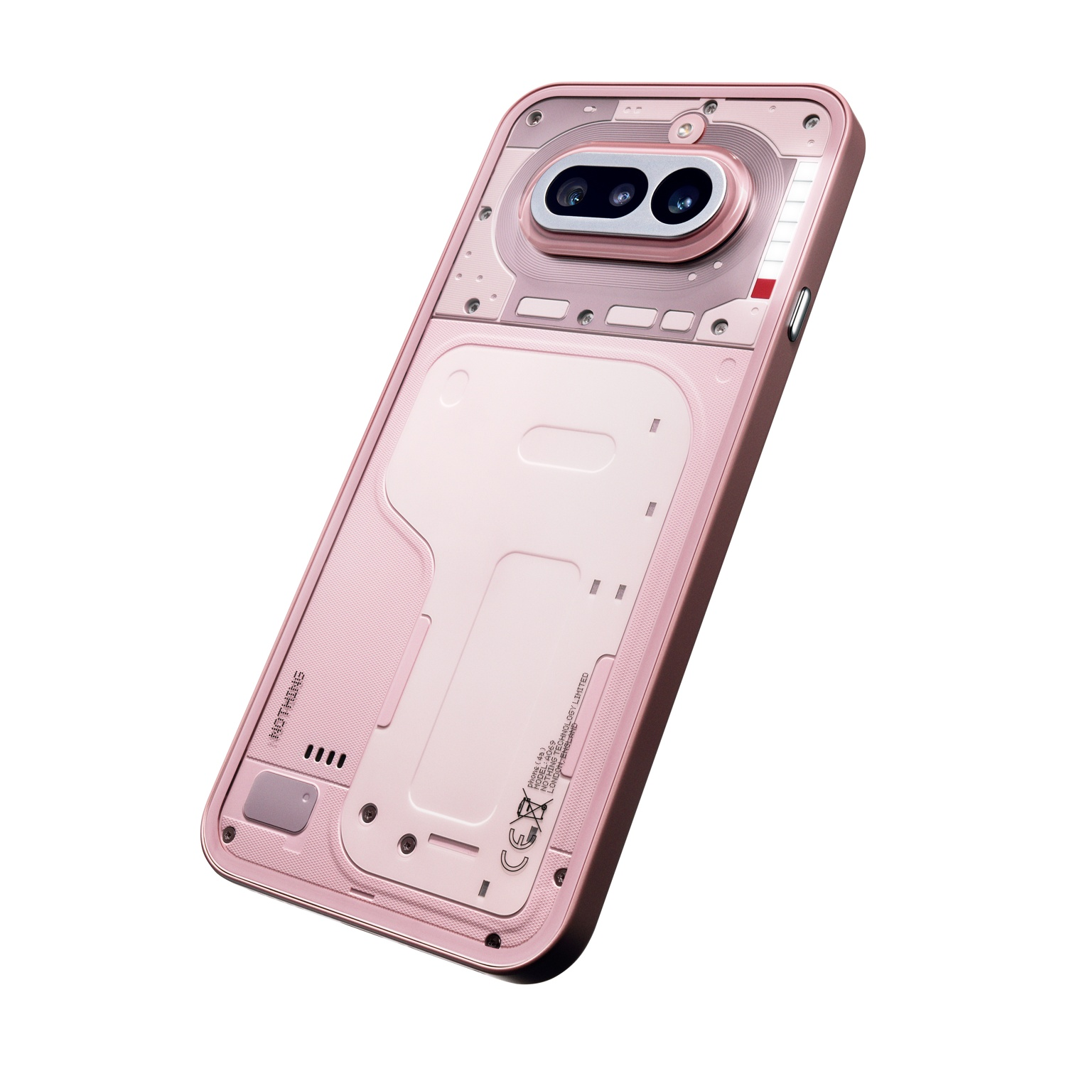 Una cover per telefono rosa con obiettivi della fotocamera visibili e dettagli.