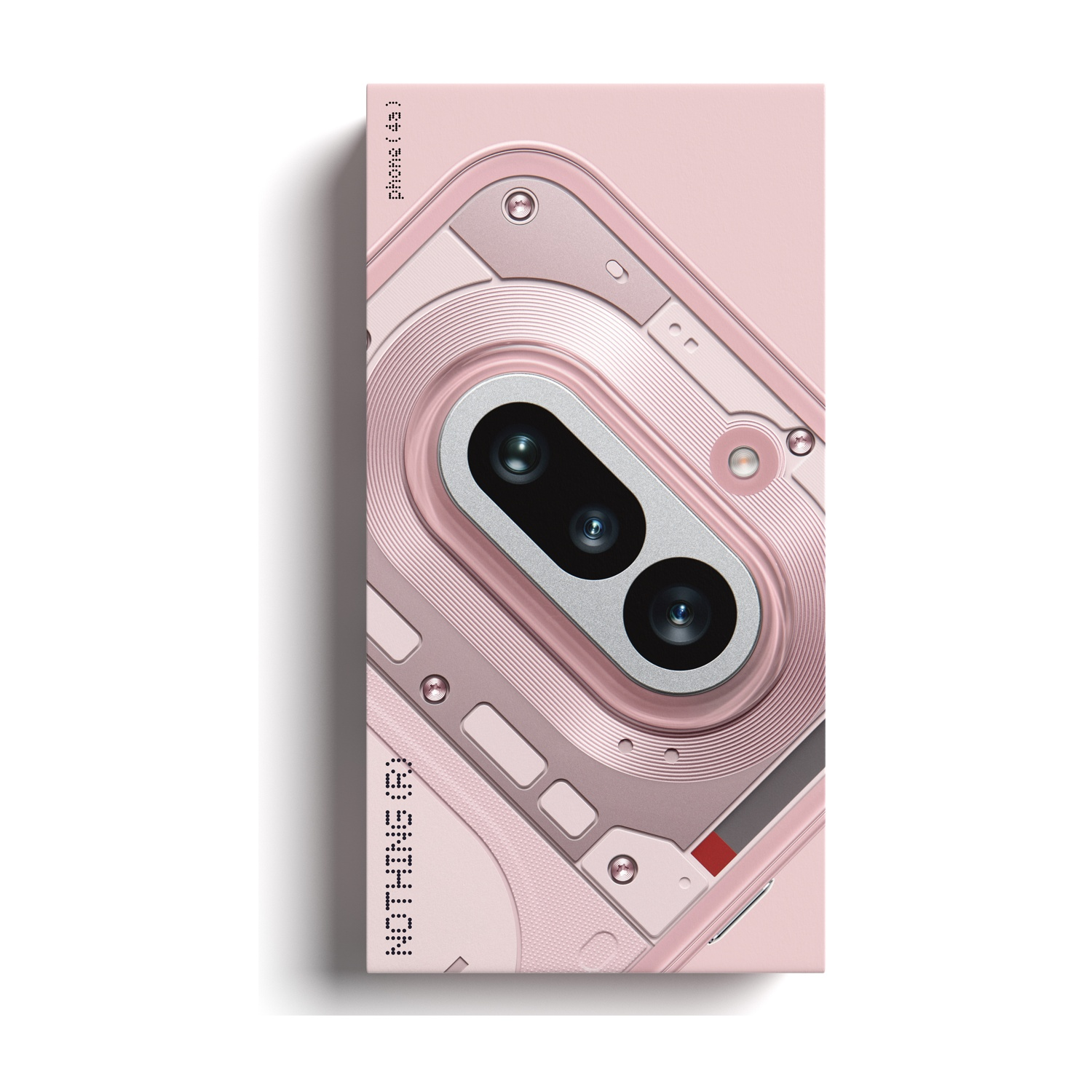 Modulo fotocamera rosa per telefono con accenti argentati e scritte.