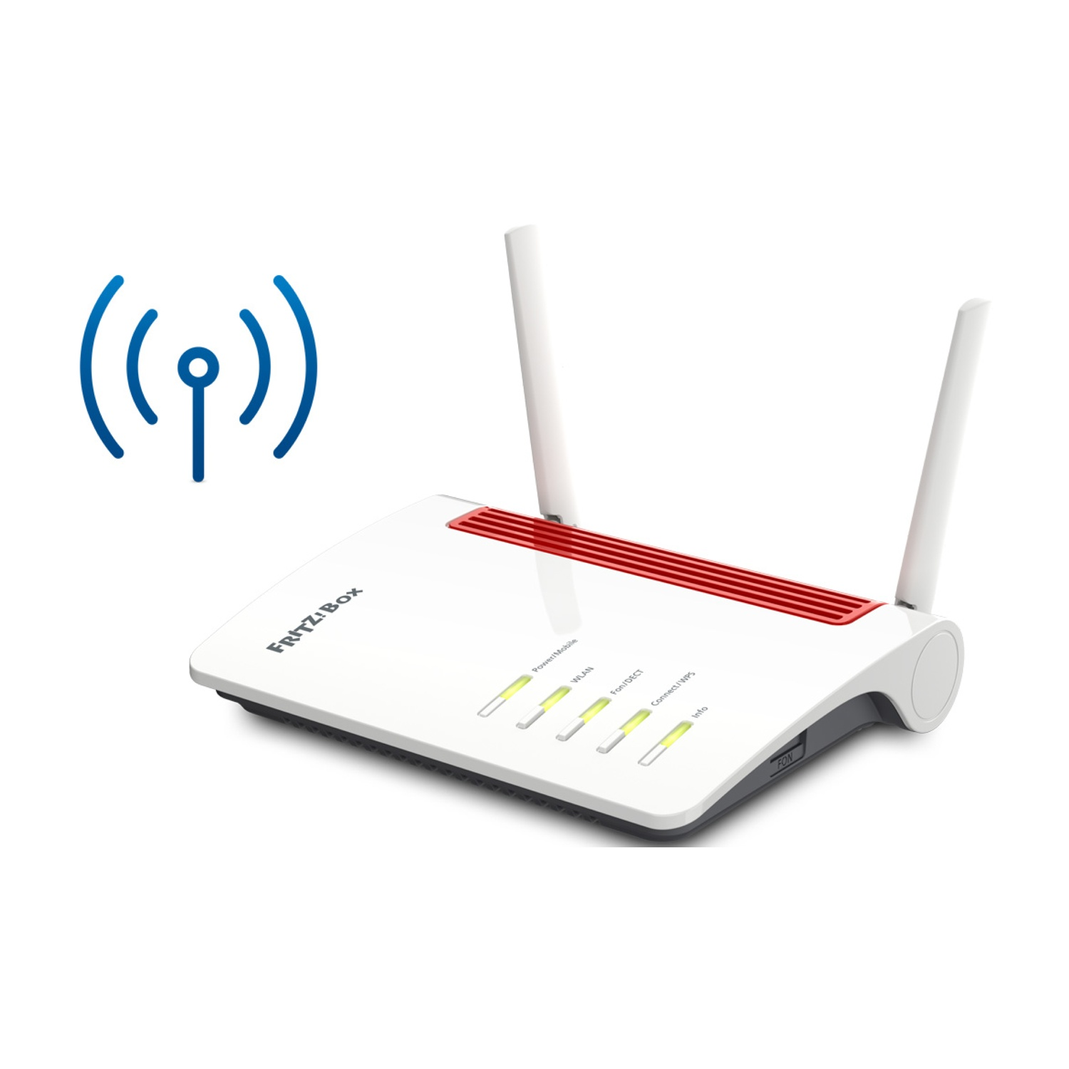 Un router Wi-Fi bianco con accenti rossi e luci di stato.