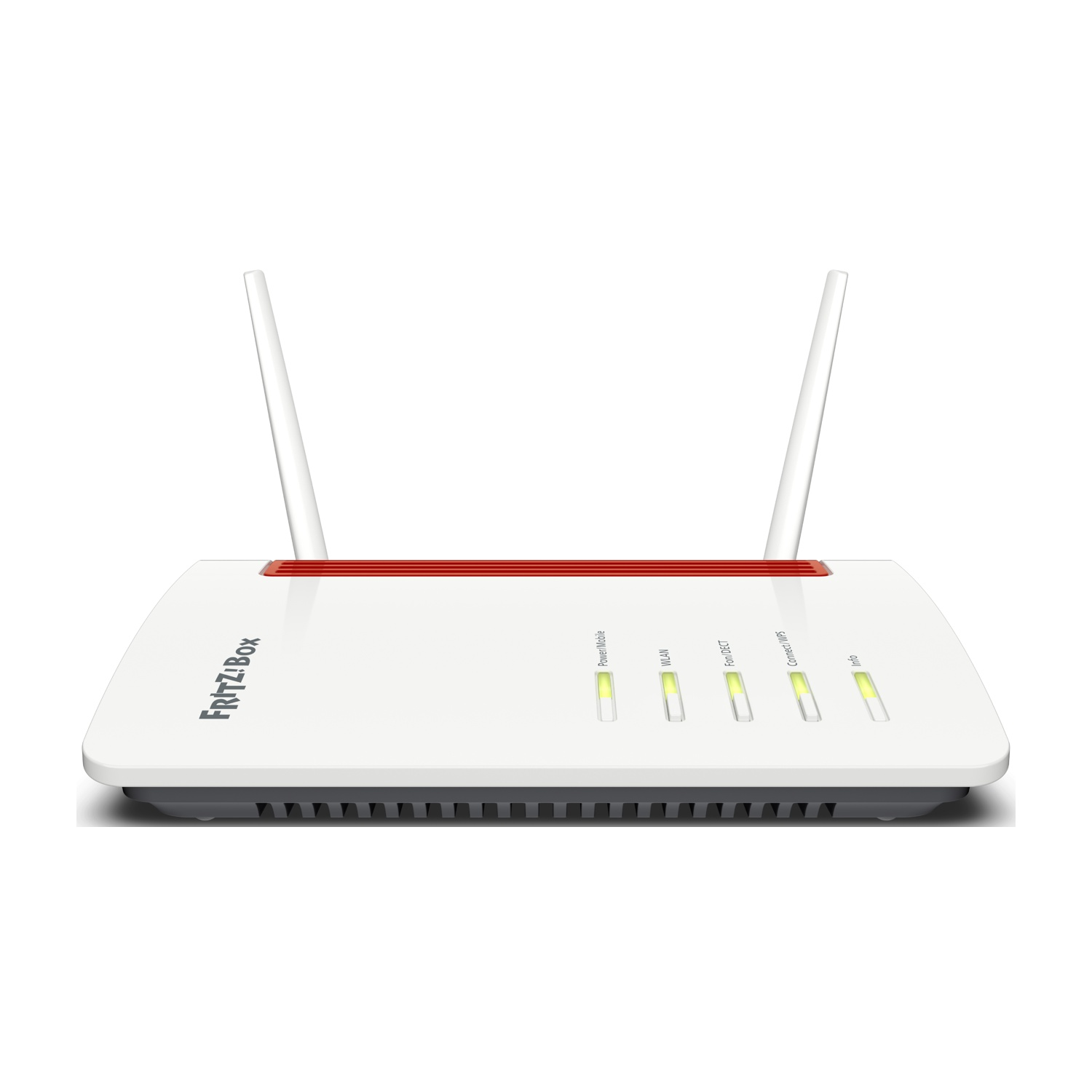 Un router Fritz!Box bianco con accenti rossi e quattro LED di stato illuminati.